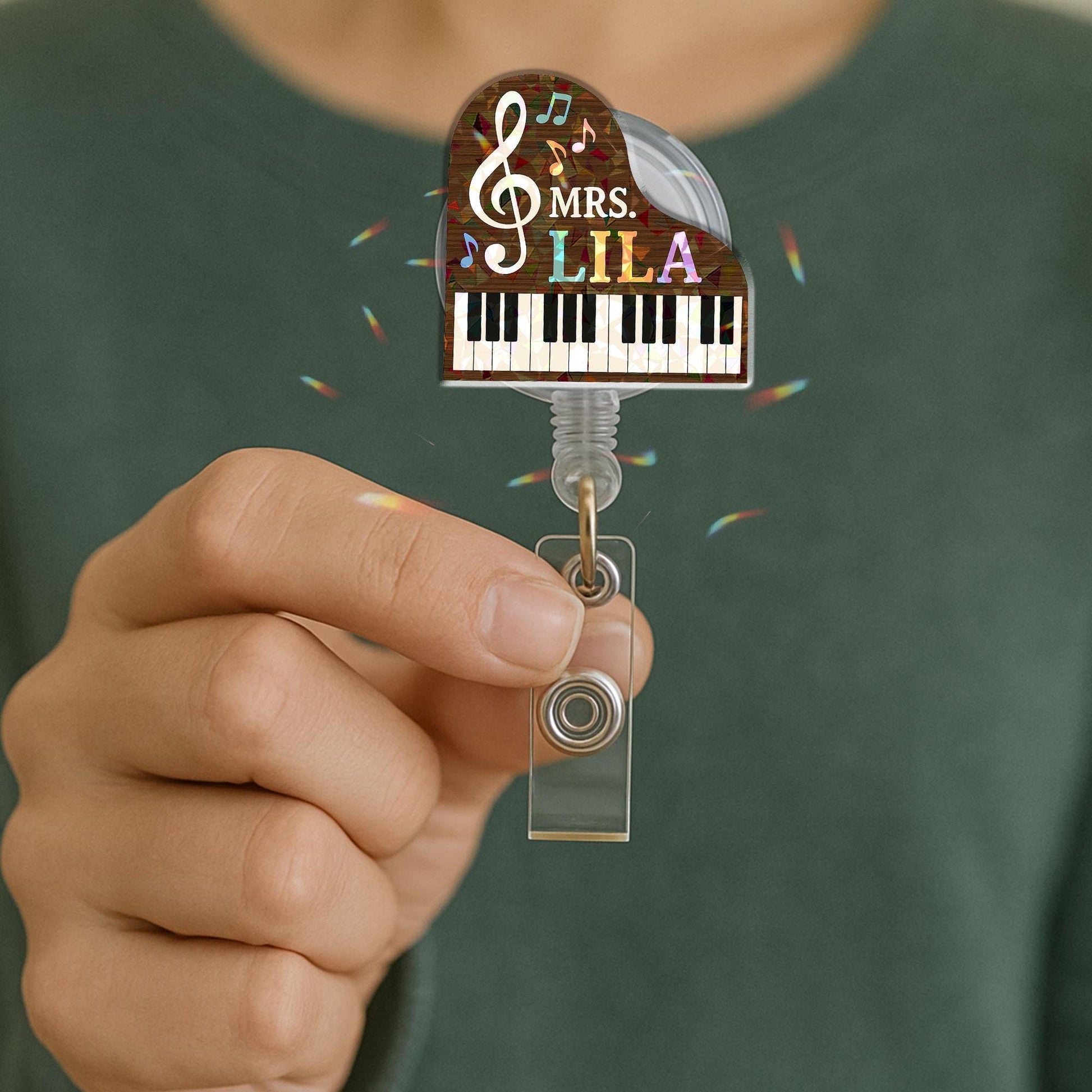 Personalized Grand Piano Badge Reel Custom Name, Cute Music Teacher Gift, Nurse ID Holder, Musician Present, Treble Clef Retractable Clip