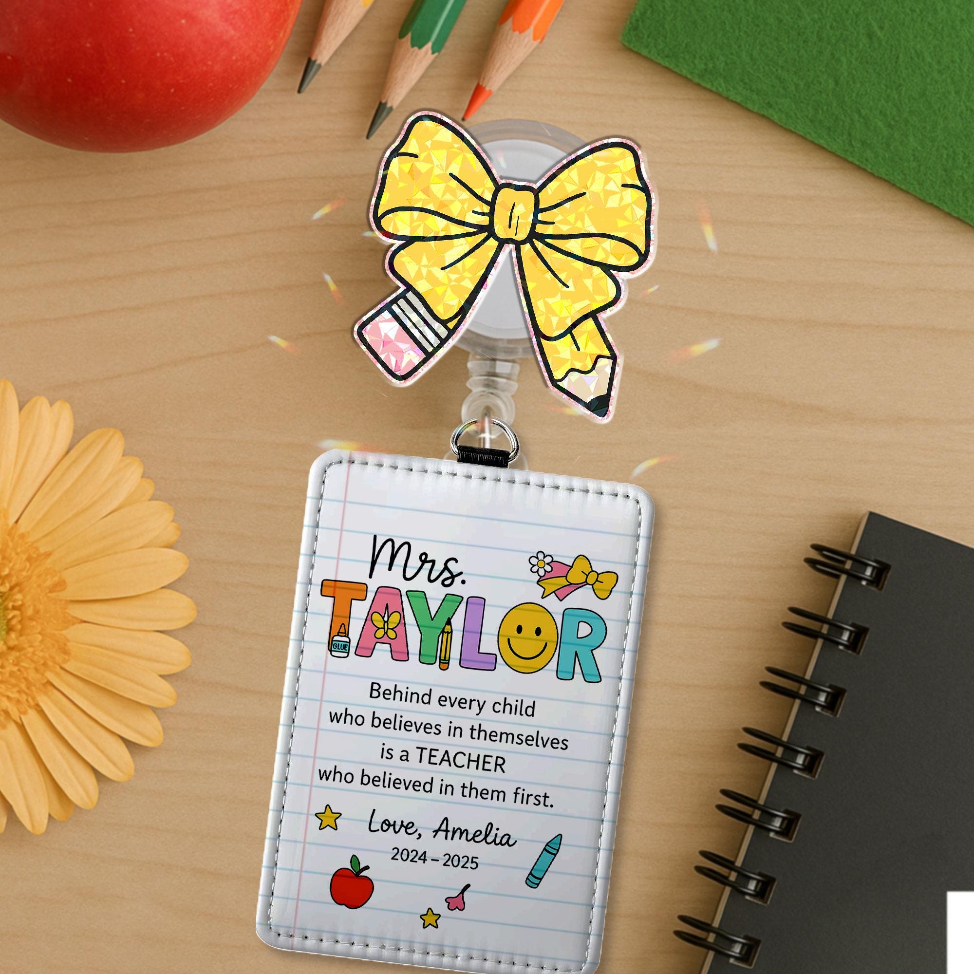 Personalized Teacher Badge Reel & Custom Name Leather Badge Holder Set, Cute Pencil Bow Topper, Back to School ID Holder Teacher Gift