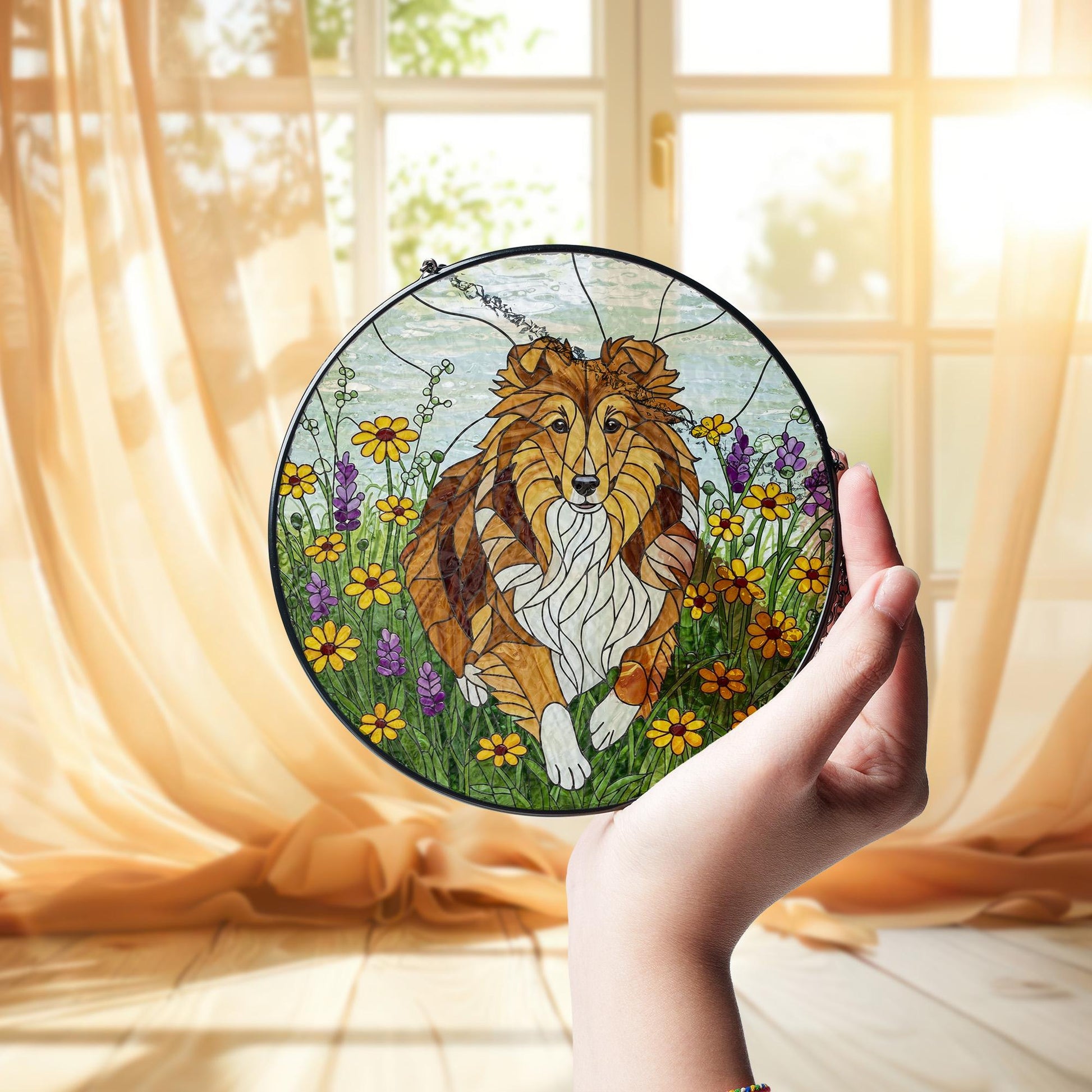 Sheltie Dog Wildflower Glass Suncatcher – Shetland Sheepdog Window Hanging Gift for Mom, Dog Lover, Pet Memorial Decor
