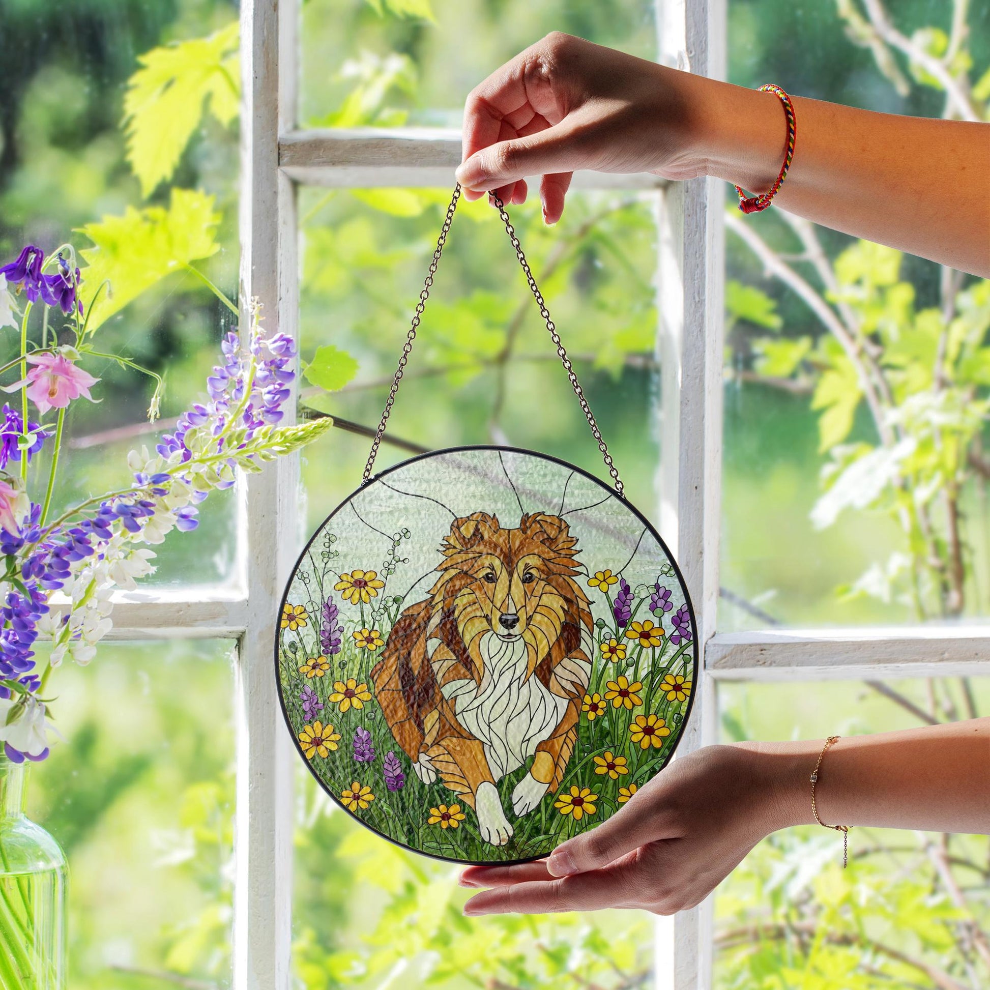 Sheltie Dog Wildflower Glass Suncatcher – Shetland Sheepdog Window Hanging Gift for Mom, Dog Lover, Pet Memorial Decor