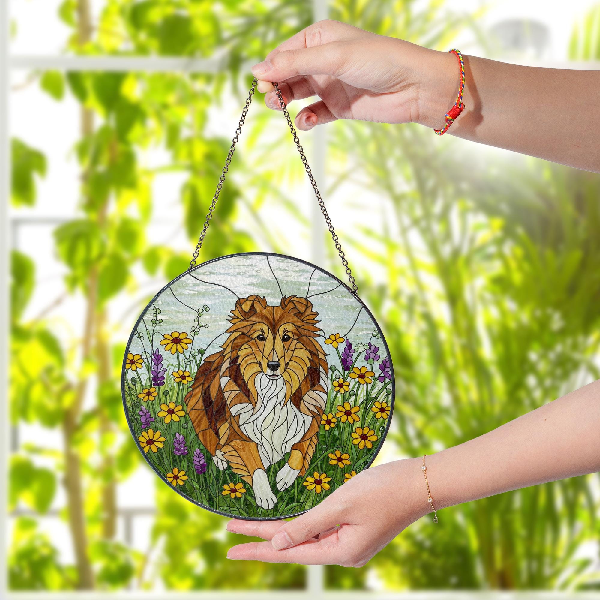 Sheltie Dog Wildflower Glass Suncatcher – Shetland Sheepdog Window Hanging Gift for Mom, Dog Lover, Pet Memorial Decor