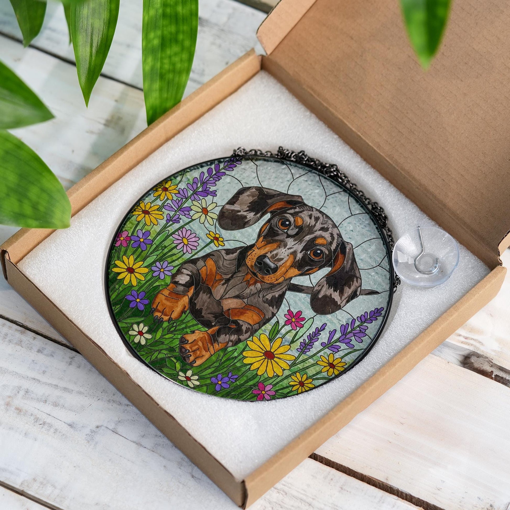 Dapple Dachshund Wildflower Glass Suncatcher – Weiner Dog Window Hanging Gift for Dog Mom, Pet Lover, Mother's Day Decor
