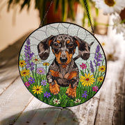 Dapple Dachshund Wildflower Glass Suncatcher – Weiner Dog Window Hanging Gift for Dog Mom, Pet Lover, Mother's Day Decor