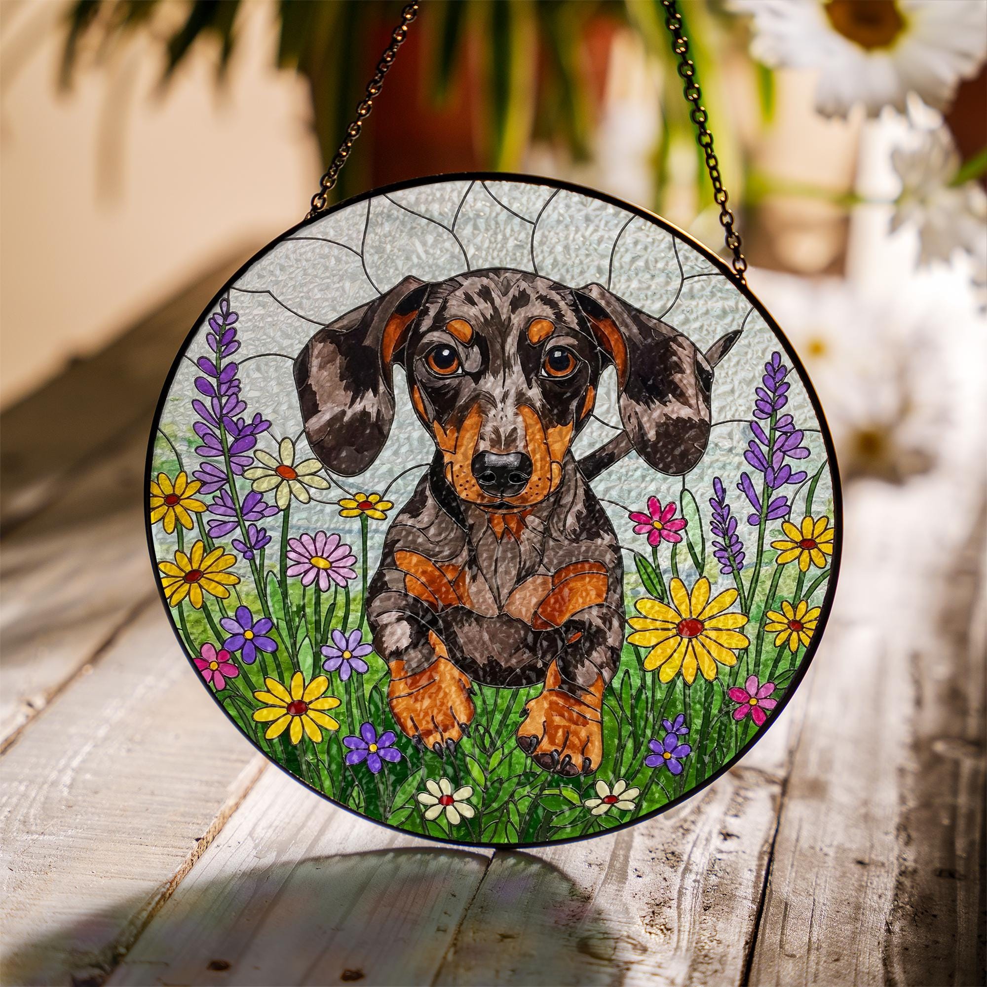 Dapple Dachshund Wildflower Glass Suncatcher – Weiner Dog Window Hanging Gift for Dog Mom, Pet Lover, Mother's Day Decor