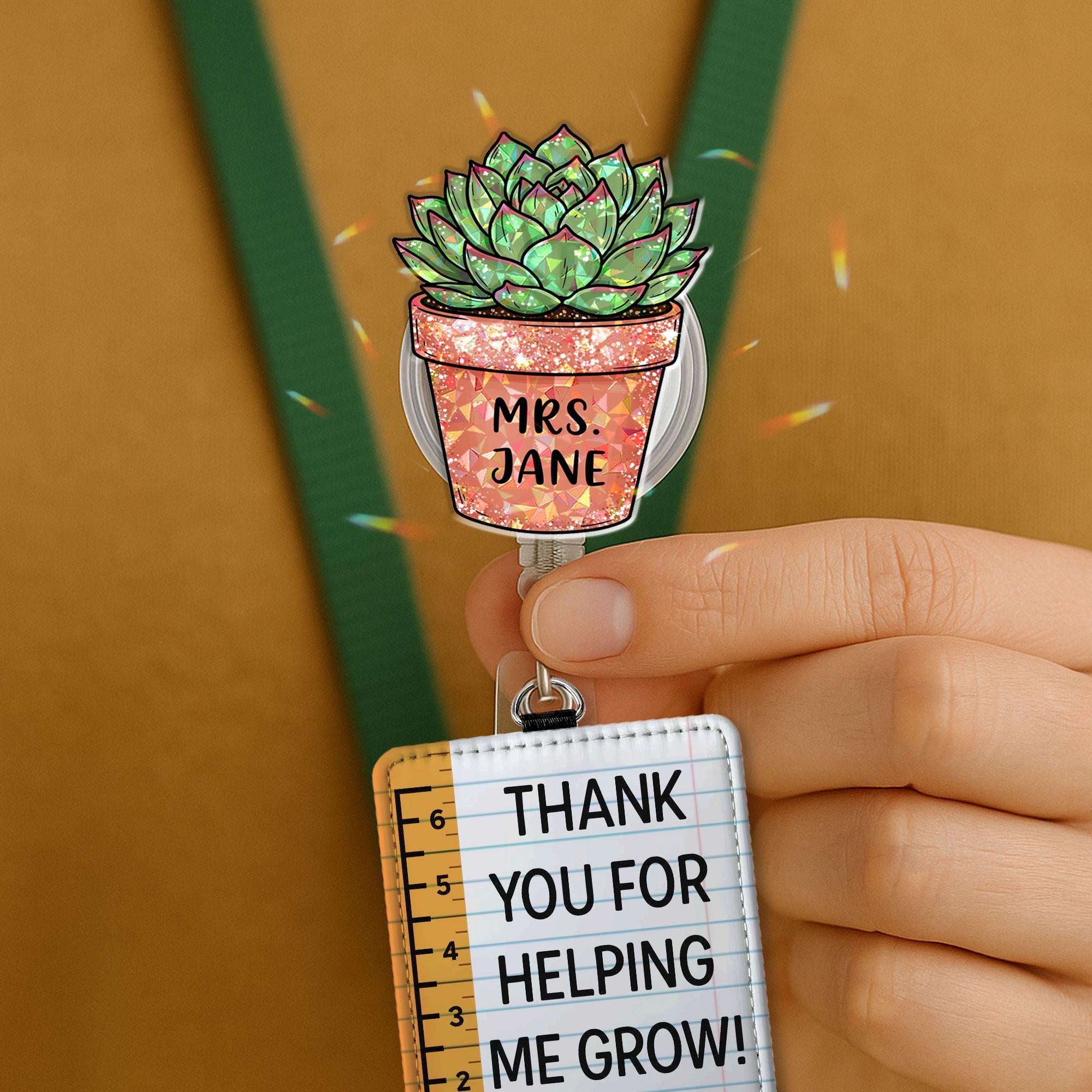 Personalized Teacher Gift Badge Reel & Leather Holder Set | Custom Succulent Topper | Thank You For Helping Me Grow | Teacher Appreciation