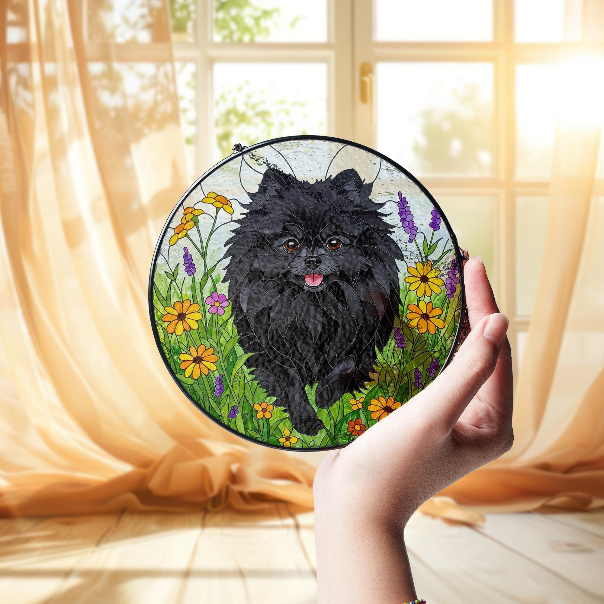 Black Pomeranian Wildflower Glass Suncatcher – Pomeranian Dog Window Hanging Gift for Dog Mom, Pet Memorial, Mother's Day Gift