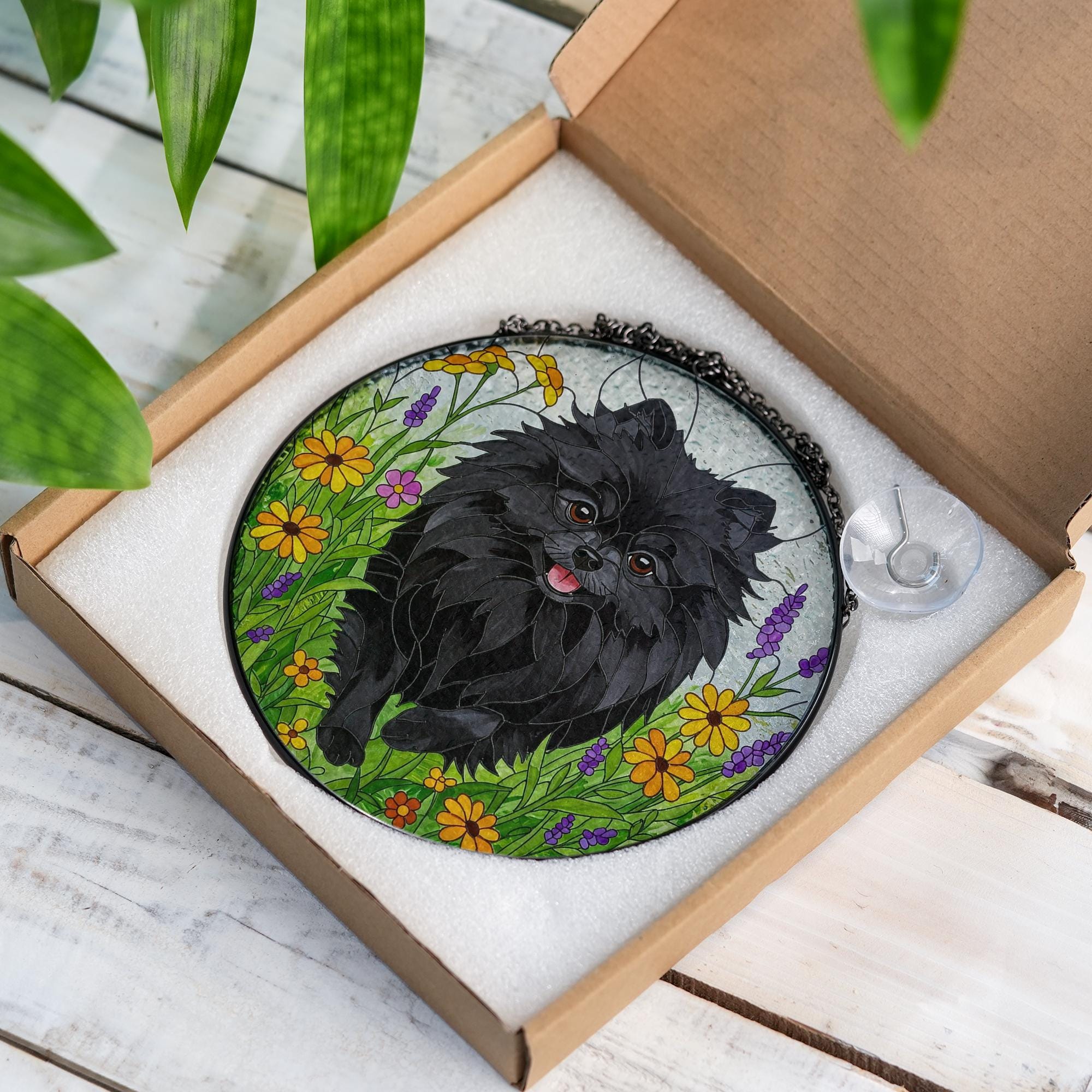 Black Pomeranian Wildflower Glass Suncatcher – Pomeranian Dog Window Hanging Gift for Dog Mom, Pet Memorial, Mother's Day Gift