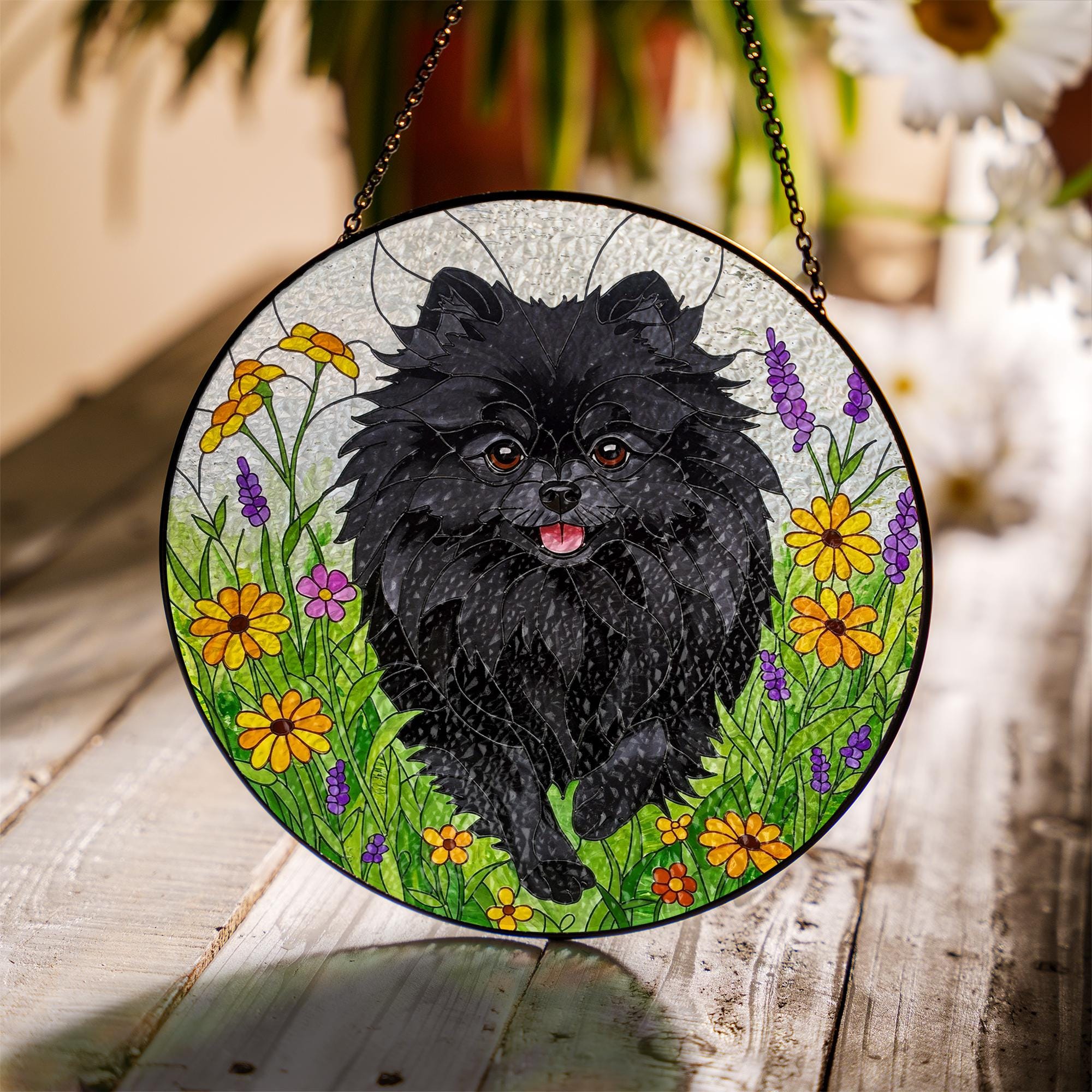 Black Pomeranian Wildflower Glass Suncatcher – Pomeranian Dog Window Hanging Gift for Dog Mom, Pet Memorial, Mother's Day Gift