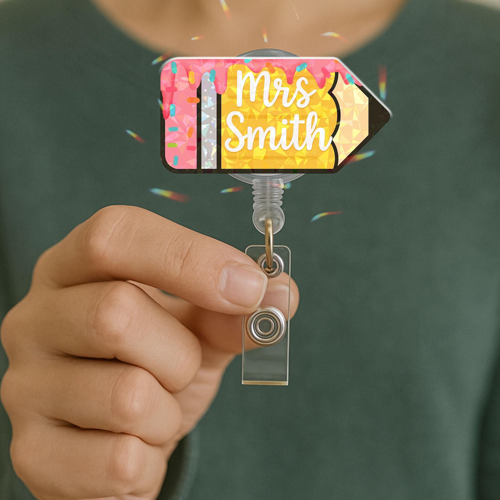 Personalized Teacher Badge Reel & Leather Holder Set, Custom Pencil Name Badge, Cute Ice Cream ID Holder, Teacher Appreciation Gift