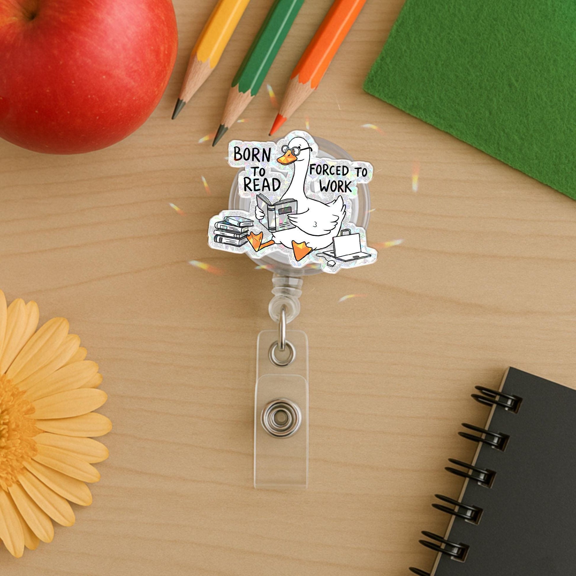 Funny Reading Duck Badge Reel, Born To Read Forced To Work Quote, Cute Book Lover Retractable ID Holder Gift for Nurse Teacher Librarian