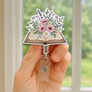 Floral Book Badge Reel, Botanical ID Holder, Book Lover Gift, Teacher Badge Clip, Librarian Accessory, Aesthetic Floral Badge