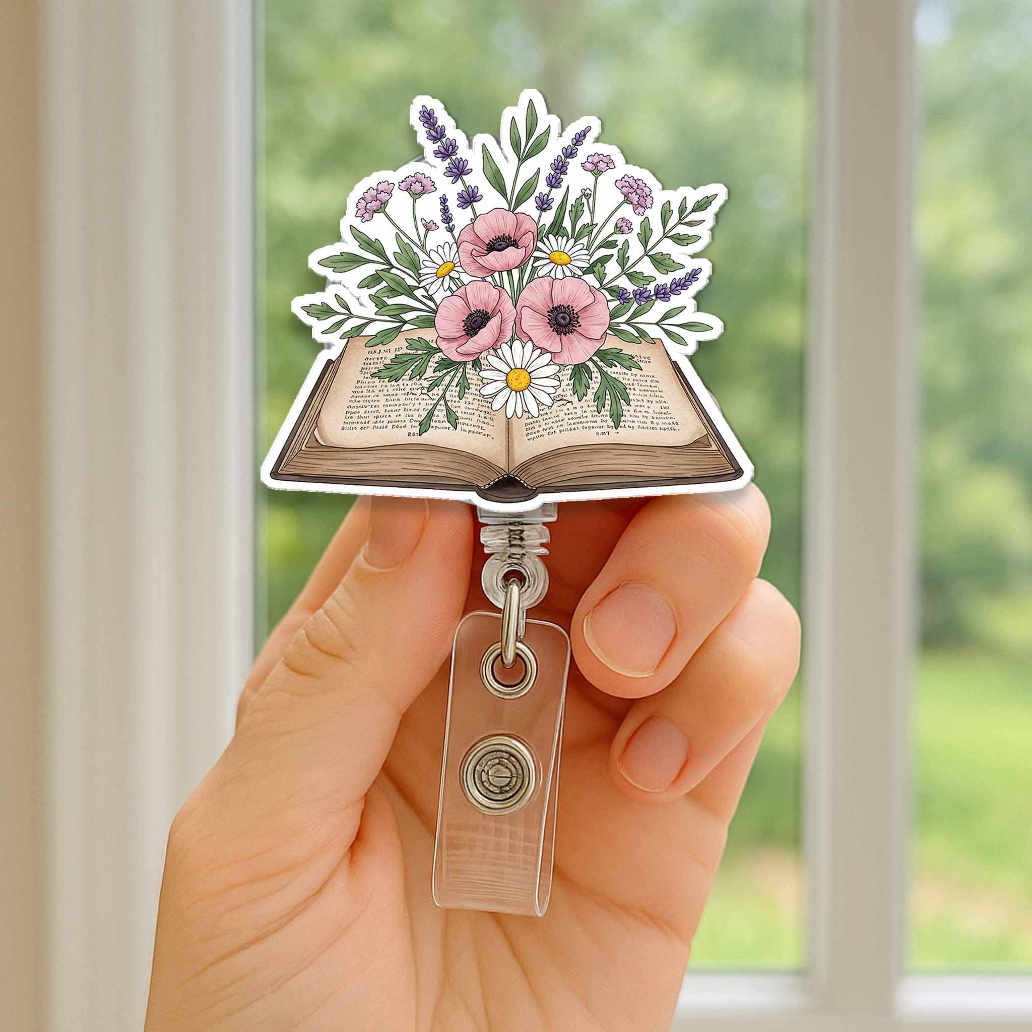Floral Book Badge Reel, Botanical ID Holder, Book Lover Gift, Teacher Badge Clip, Librarian Accessory, Aesthetic Floral Badge