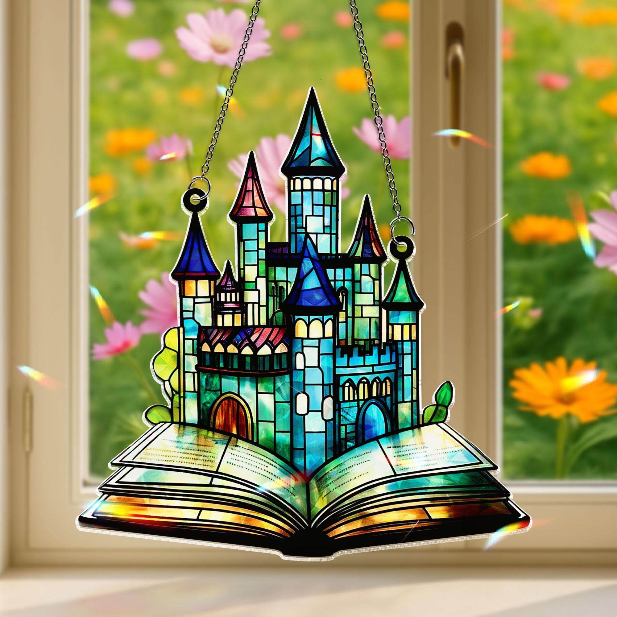 Storybook Castle Acrylic Window Hanging Ornament, Colorful Fairytale Magic Decor, Fantasy Book Lover Gift, Whimsical Window Art Charm