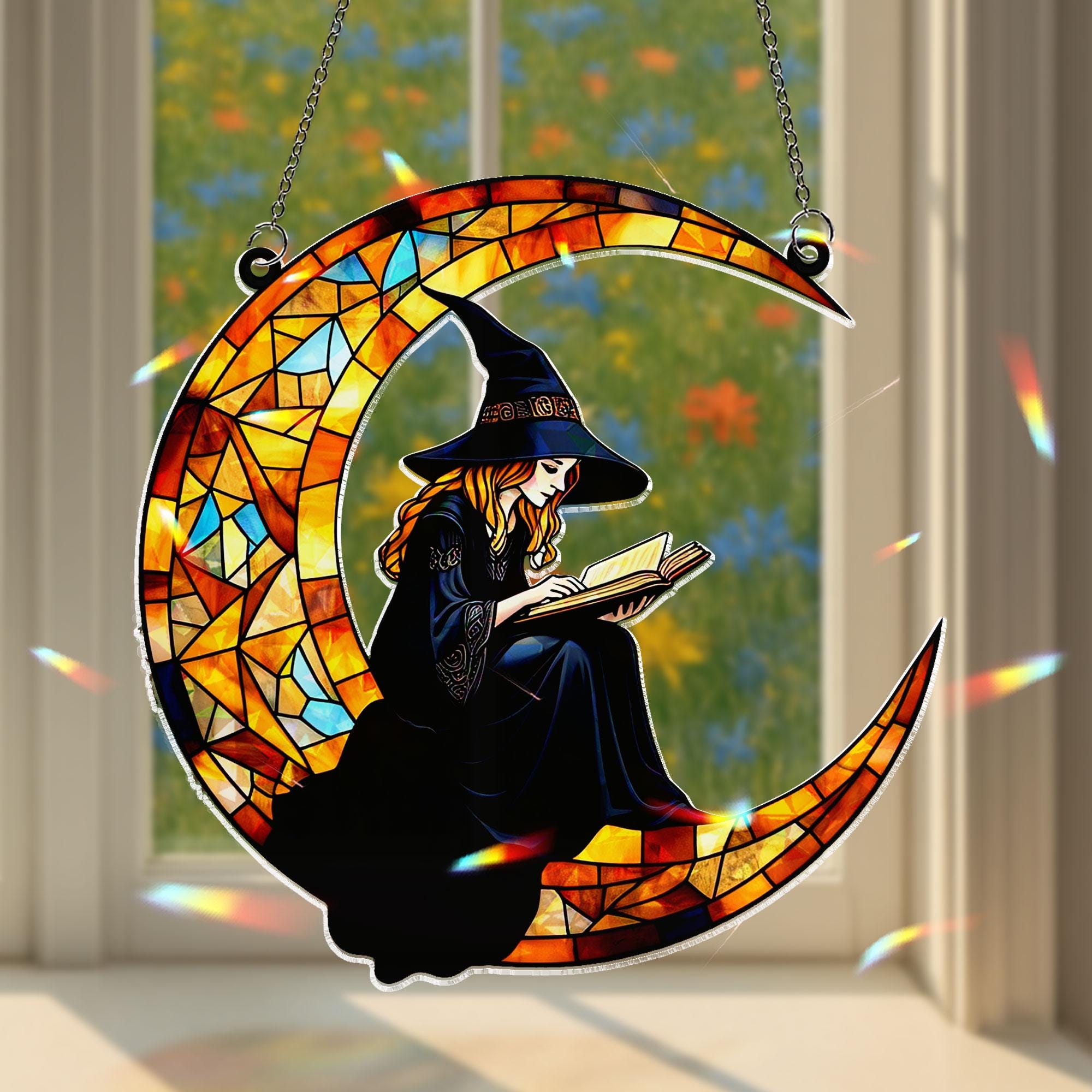 Reading Witch Crescent Moon Hologram Acrylic Window Hanging, Colorful Magical Decor Ornament, Wiccan Pagan Wall Art, Book Lover Reader Gift