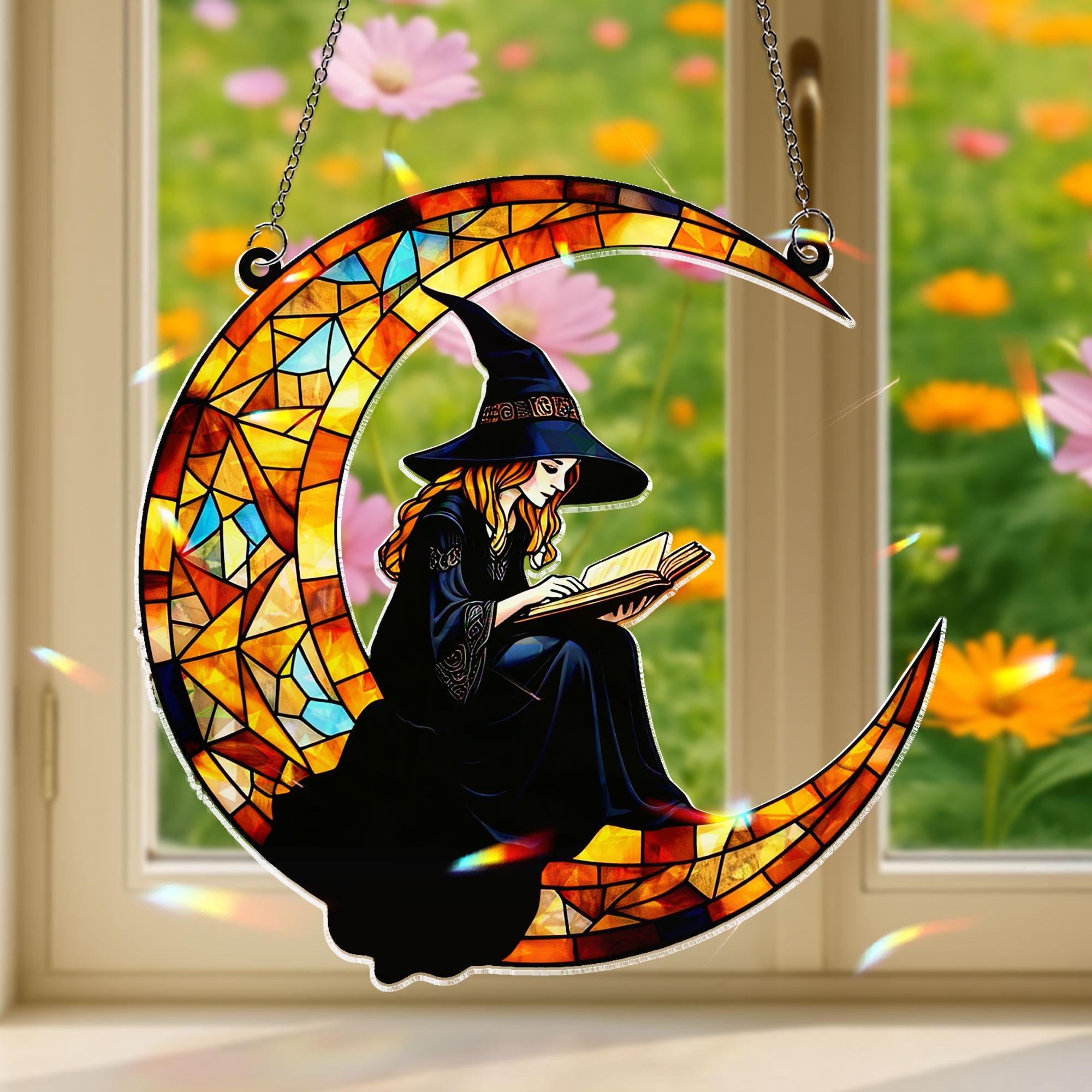 Reading Witch Crescent Moon Hologram Acrylic Window Hanging, Colorful Magical Decor Ornament, Wiccan Pagan Wall Art, Book Lover Reader Gift