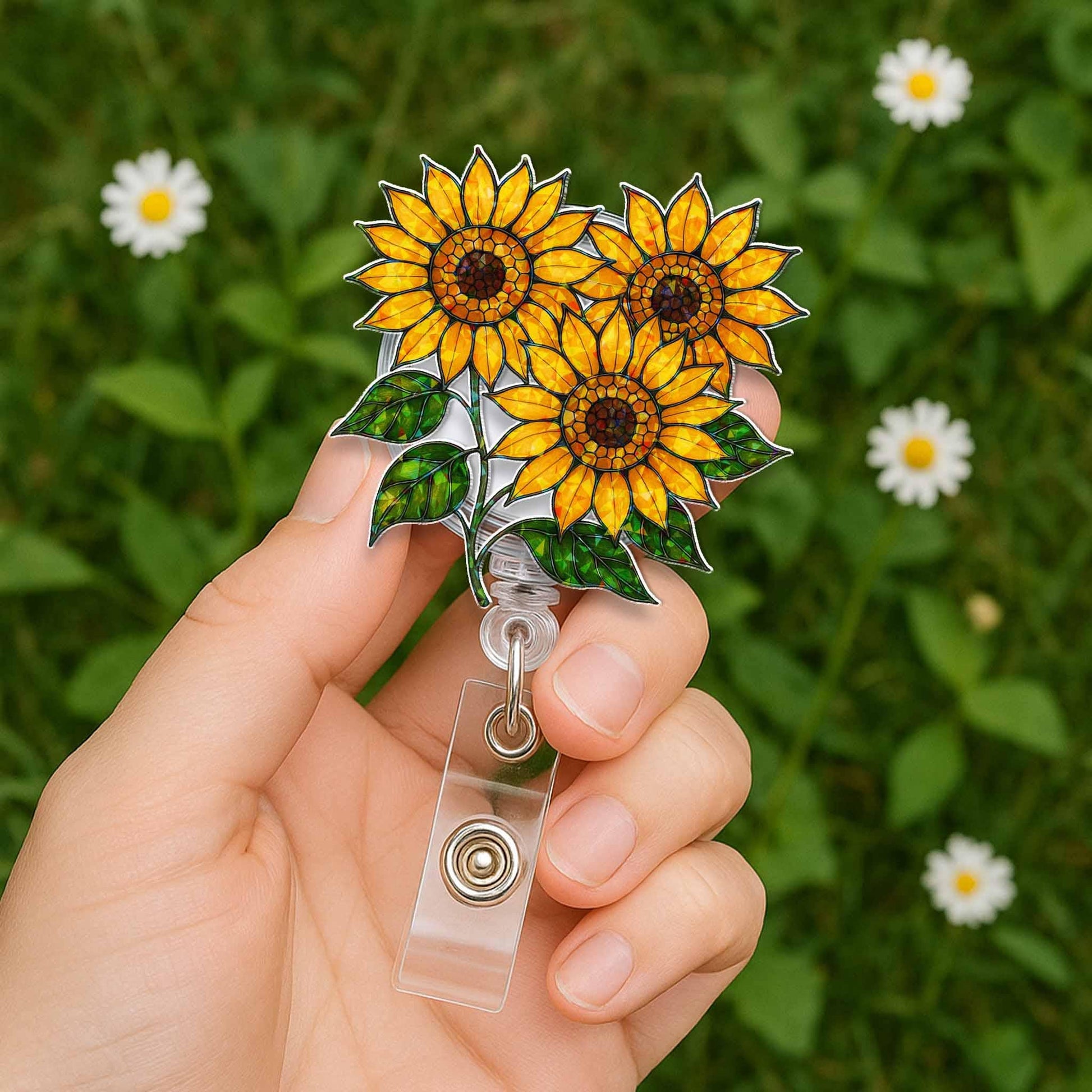 Sunflower Hologram Badge Reel, Floral ID Holder, Retractable Name Tag, Bright Flower Badge Clip, Nurse Gift, Teacher ID Accessory