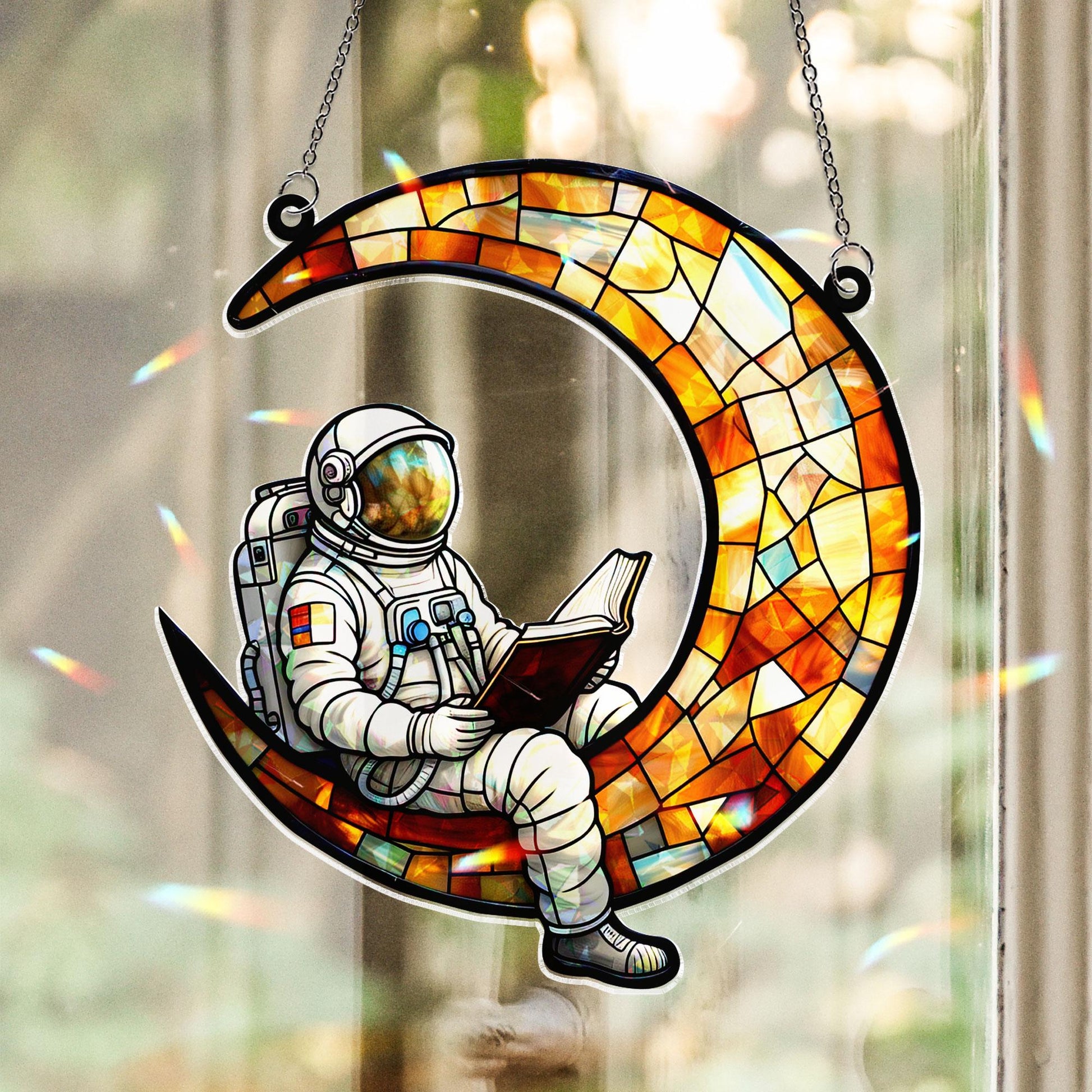 Astronaut Reading on Moon Acrylic Window Hanging, Colorful Ornament, Space Theme Decor Gift for Reader or Kids Room, Bookworm Gift