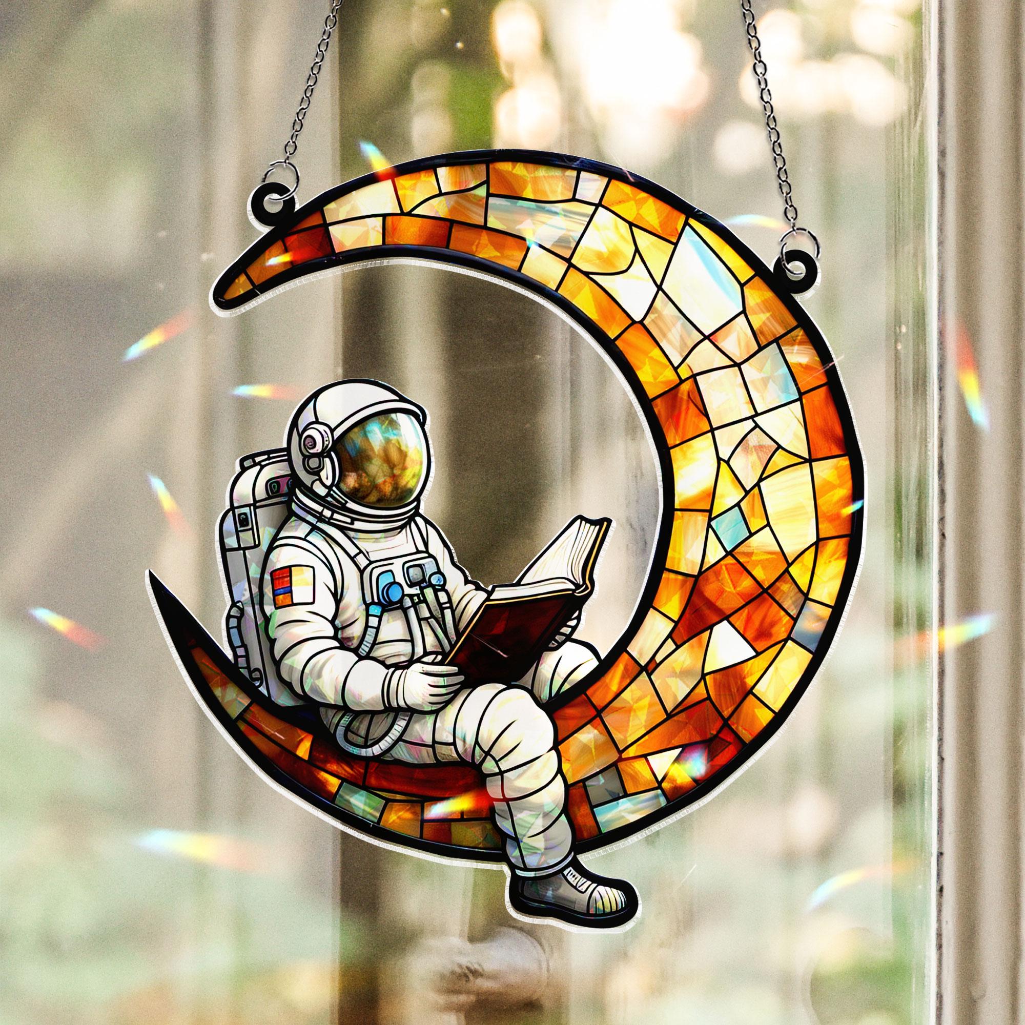 Astronaut Reading on Moon Acrylic Window Hanging, Colorful Ornament, Space Theme Decor Gift for Reader or Kids Room, Bookworm Gift