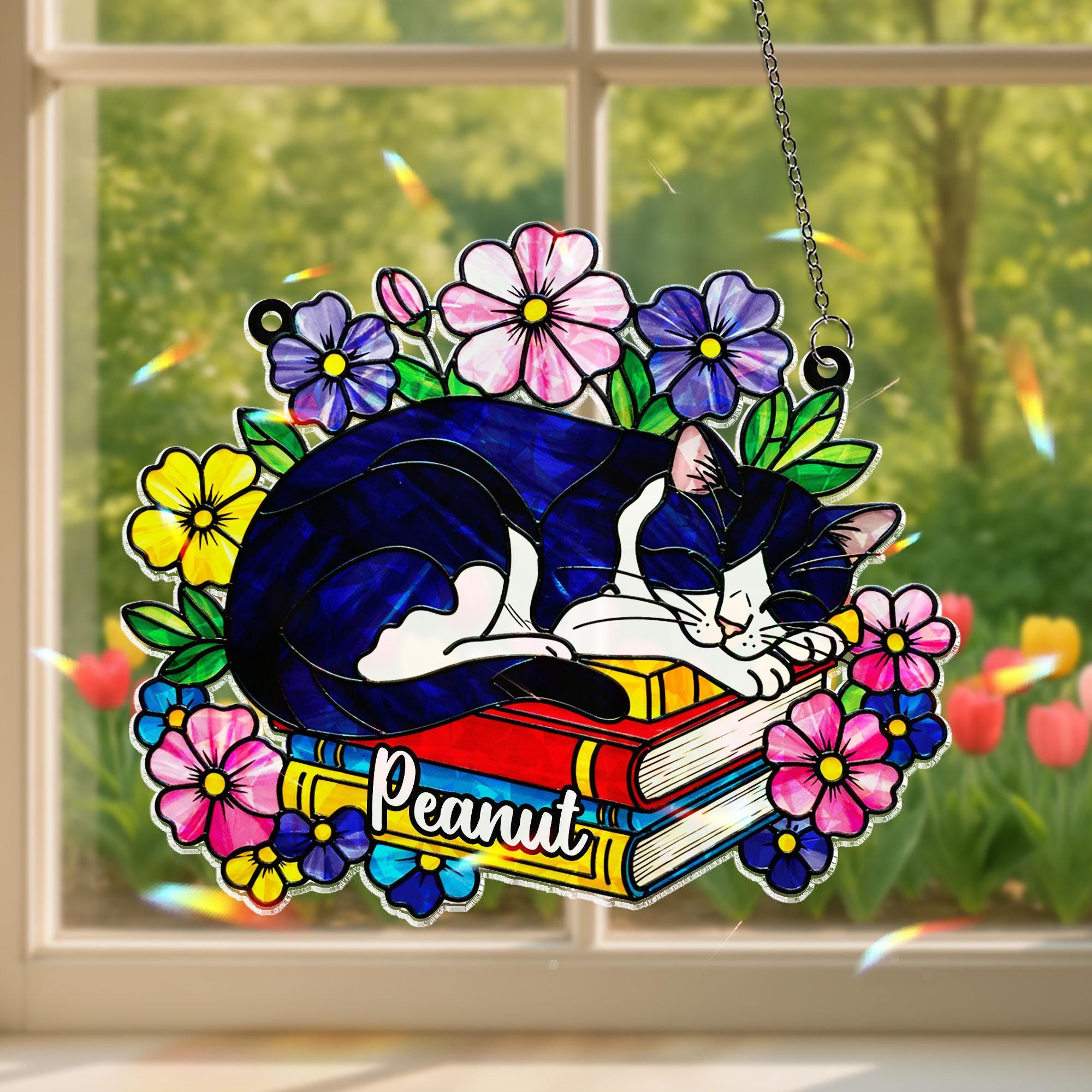 Personalized Cat Sleeping on Books Acrylic Window Hanging Ornament, Custom Name Floral Decor, Cute Pet Lover Gift for Bookworm Friend