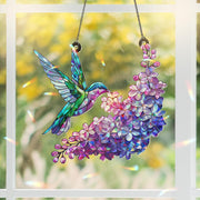 Hummingbird Lilac Acrylic Window Hanging Ornament, Colorful Bird Floral Art Panel Decor, Mothers Day Gift, Gardener Housewarming Idea