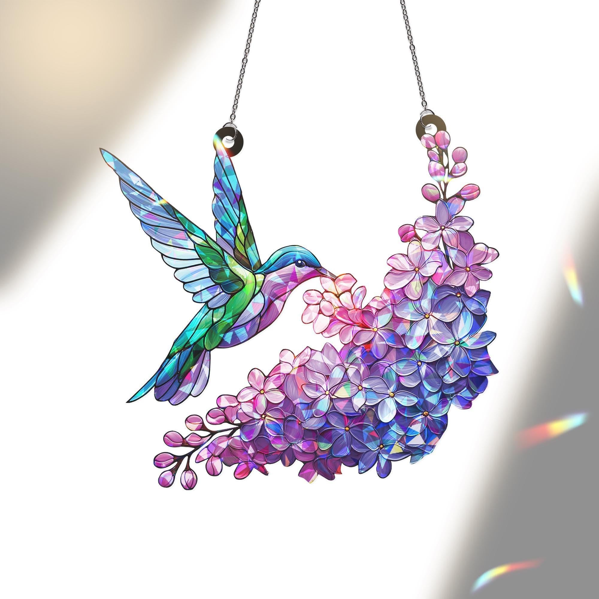 Hummingbird Lilac Acrylic Window Hanging Ornament, Colorful Bird Floral Art Panel Decor, Mothers Day Gift, Gardener Housewarming Idea