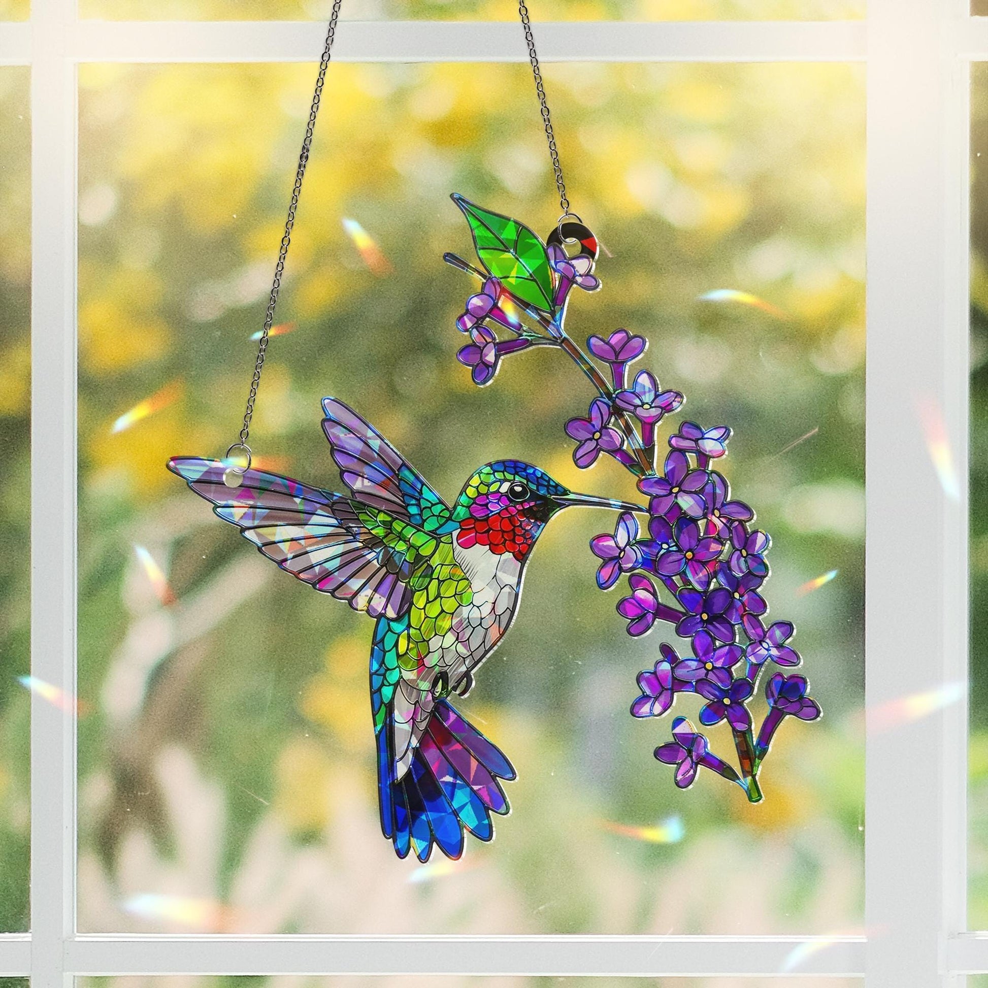 Hummingbird Acrylic Window Hanging Ornament, Colorful Bird & Purple Flowers Decor Panel, Nature Lover Gift, Bird Watcher Home Decor Art
