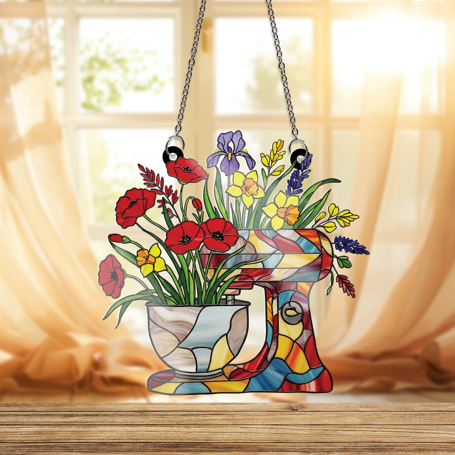 Floral Kitchen Mixer Acrylic Window Hanging Ornament, Colorful Flower Bouquet Decor, Baker Gift, Mom Housewarming Panel Gift Idea