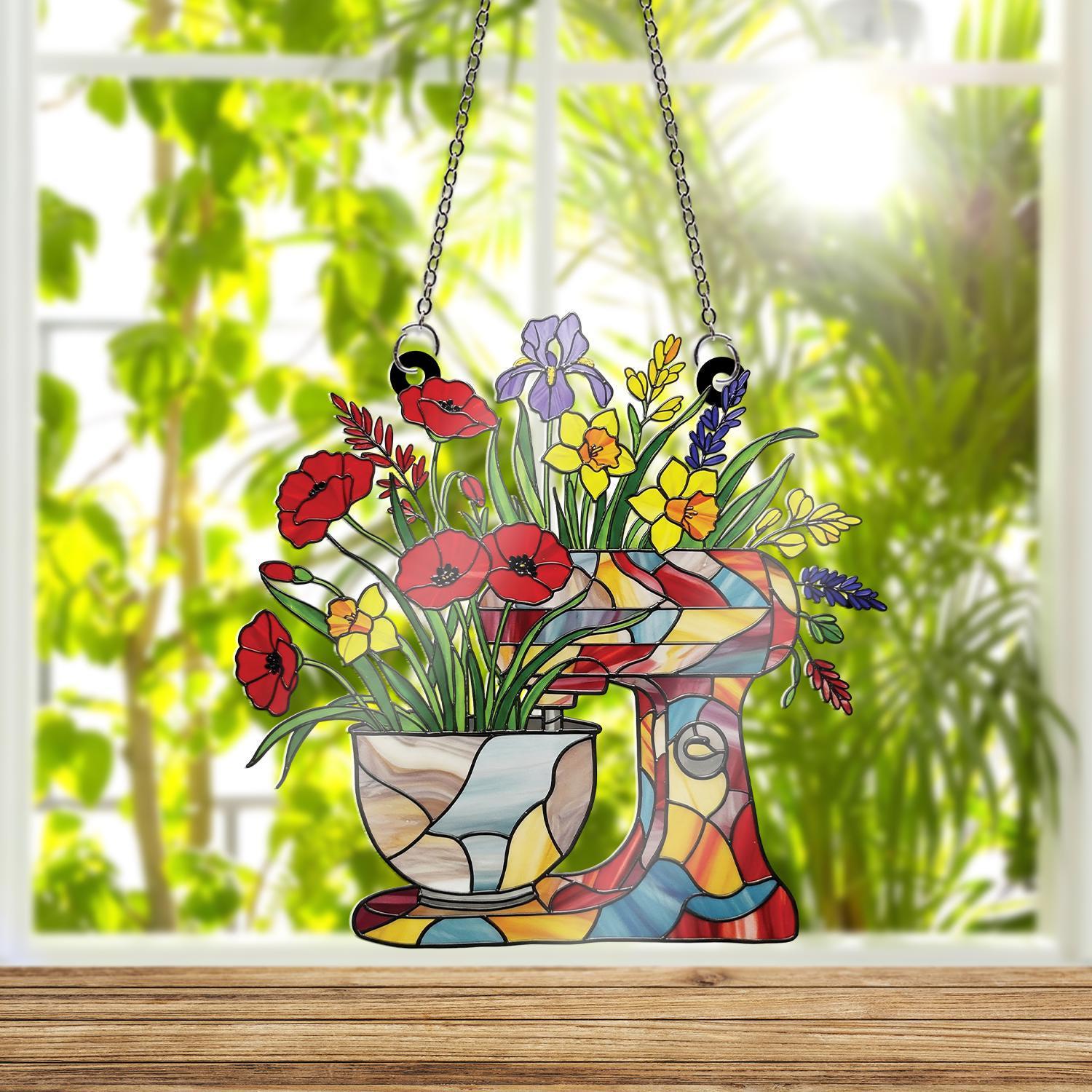 Floral Kitchen Mixer Acrylic Window Hanging Ornament, Colorful Flower Bouquet Decor, Baker Gift, Mom Housewarming Panel Gift Idea