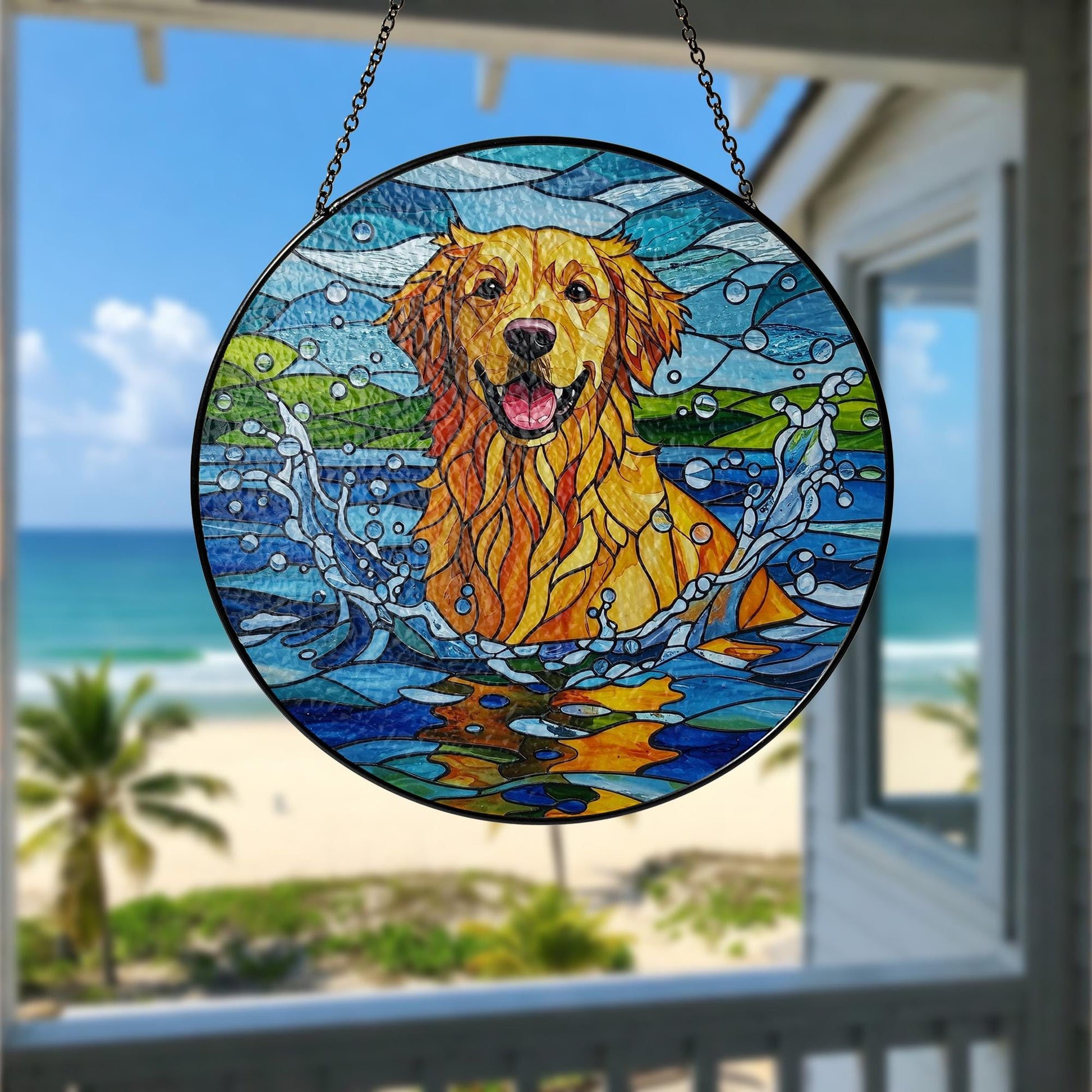 Golden Retriever Glass Suncatcher, Dog Playing in Water Window Art, Pet Lover Gift, Cute Animal Decor for Dog Owners, Dog Mom Gift, Dad Gift