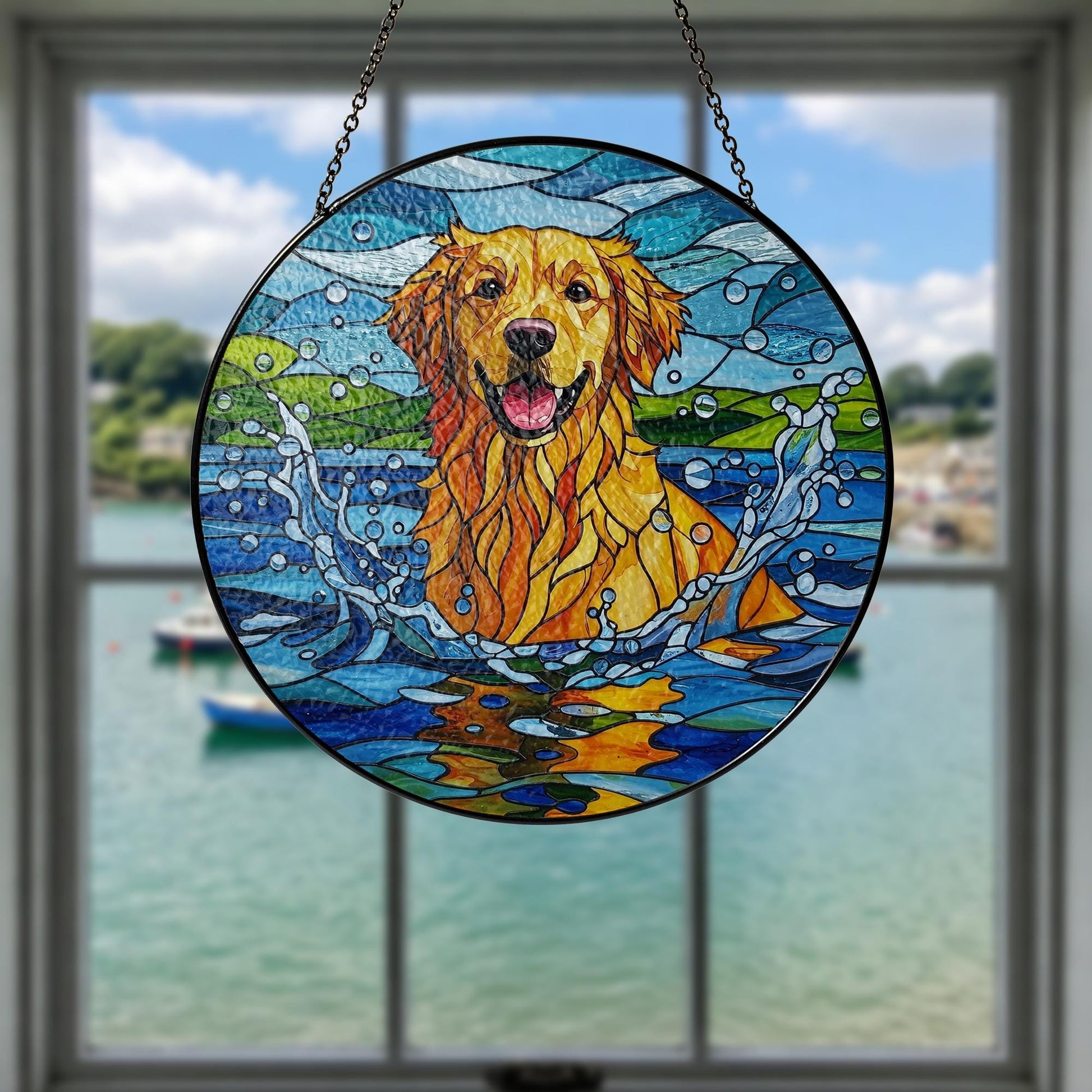 Golden Retriever Glass Suncatcher, Dog Playing in Water Window Art, Pet Lover Gift, Cute Animal Decor for Dog Owners, Dog Mom Gift, Dad Gift