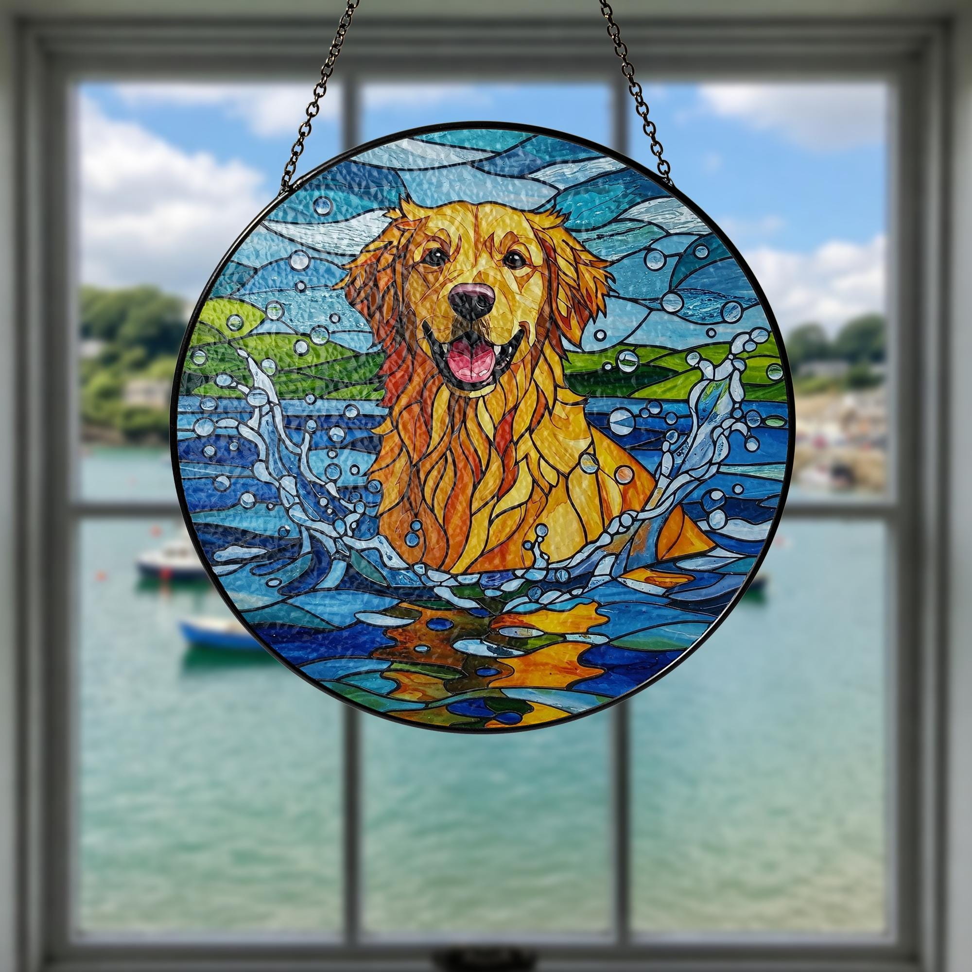 Golden Retriever Glass Suncatcher, Dog Playing in Water Window Art, Pet Lover Gift, Cute Animal Decor for Dog Owners, Dog Mom Gift, Dad Gift