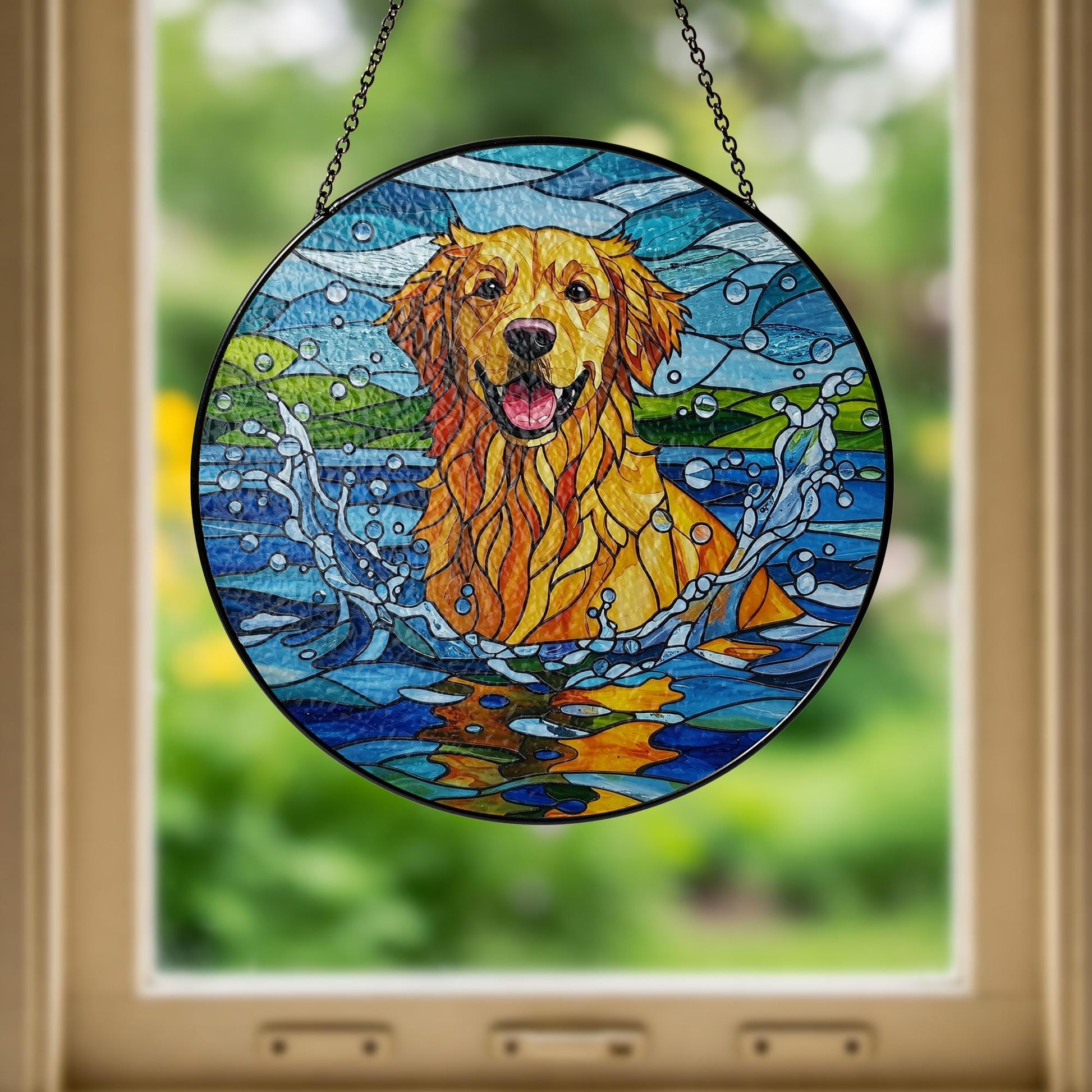 Golden Retriever Glass Suncatcher, Dog Playing in Water Window Art, Pet Lover Gift, Cute Animal Decor for Dog Owners, Dog Mom Gift, Dad Gift