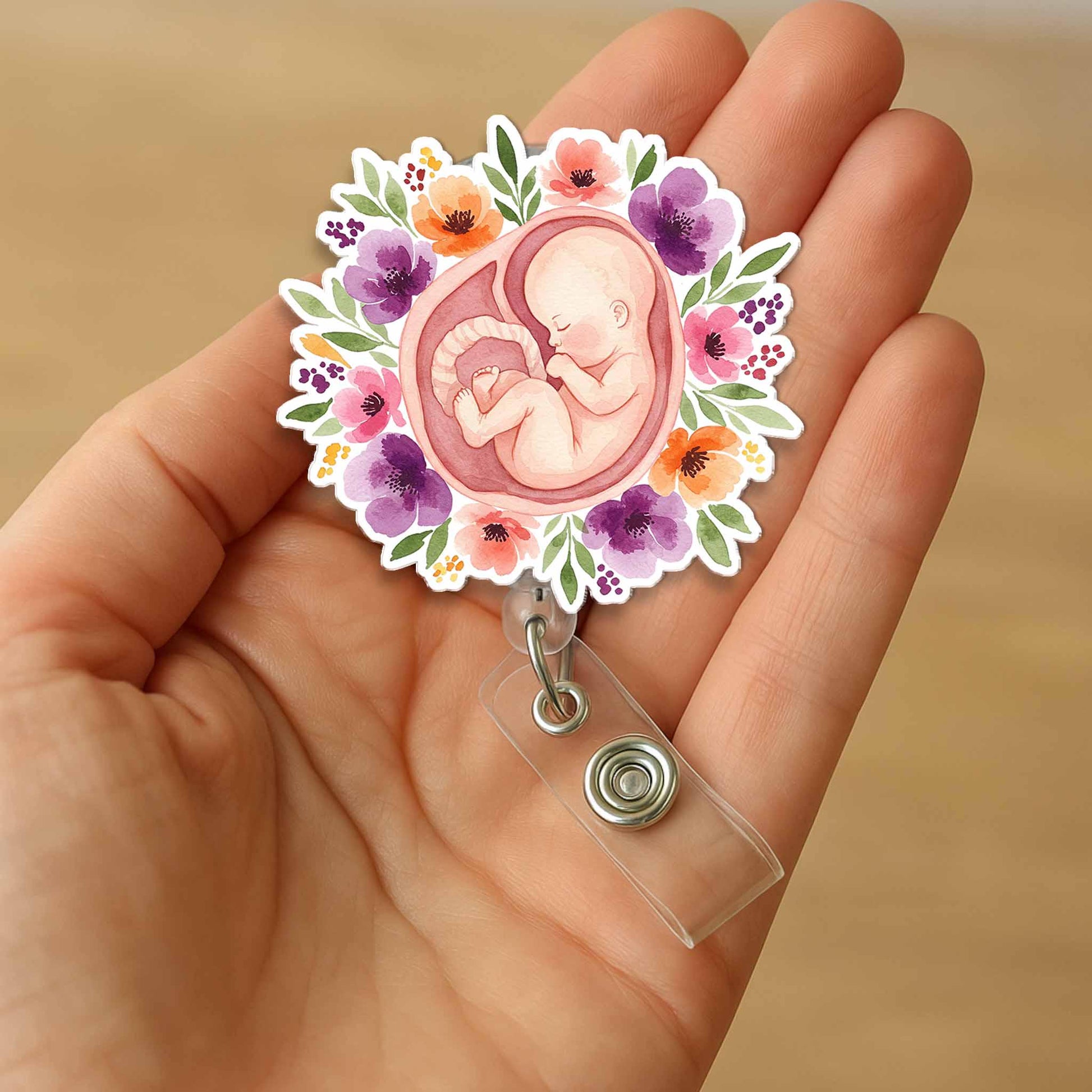 Floral Pregnancy Badge Reel , Fetal Baby Badge Holder, OB Nurse ID Clip, Midwife Gift, Labor and Delivery Nurse Retractable Reel