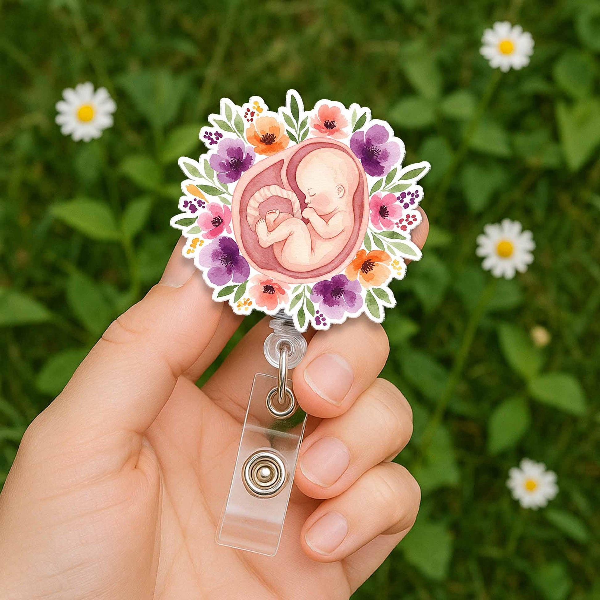 Floral Pregnancy Badge Reel , Fetal Baby Badge Holder, OB Nurse ID Clip, Midwife Gift, Labor and Delivery Nurse Retractable Reel