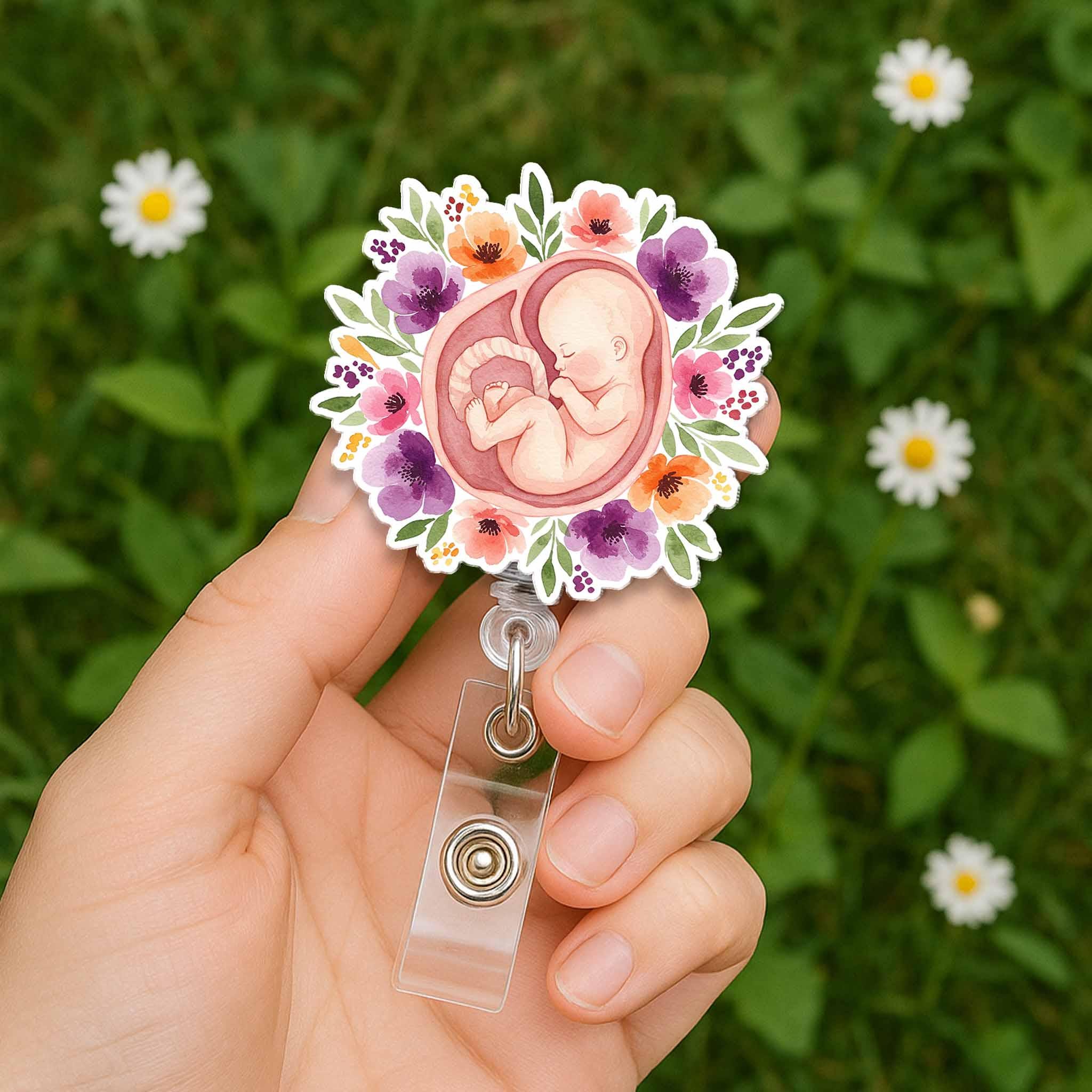 Floral Pregnancy Badge Reel , Fetal Baby Badge Holder, OB Nurse ID Clip, Midwife Gift, Labor and Delivery Nurse Retractable Reel