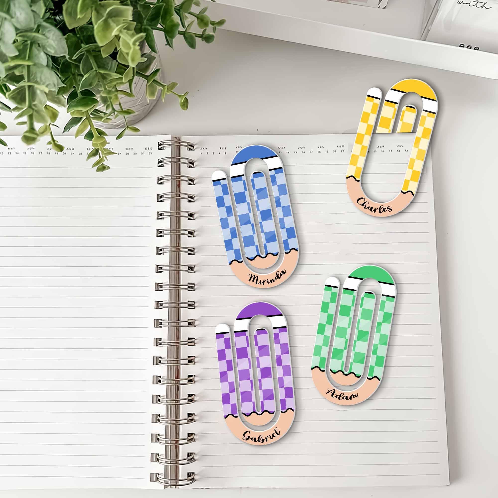 Personalized Paper Clip Bookmarks, Custom Name Page Markers, Cute Checkered Stationery, Fun Office Gift, Back to School Supplies