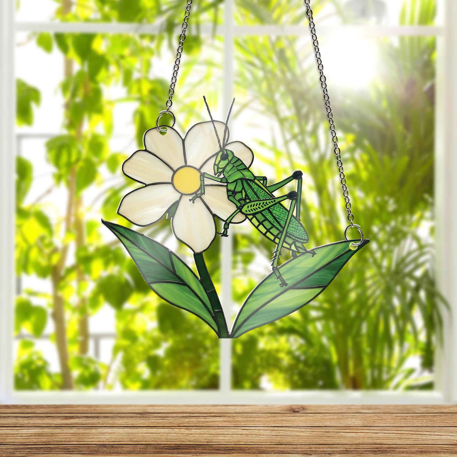 Grasshopper on White Flower ACRYLIC Window Hanging, Nature Insect Suncatcher, Garden Decor, Gift for Bug Lovers and Botanistsm, Gift For Mom