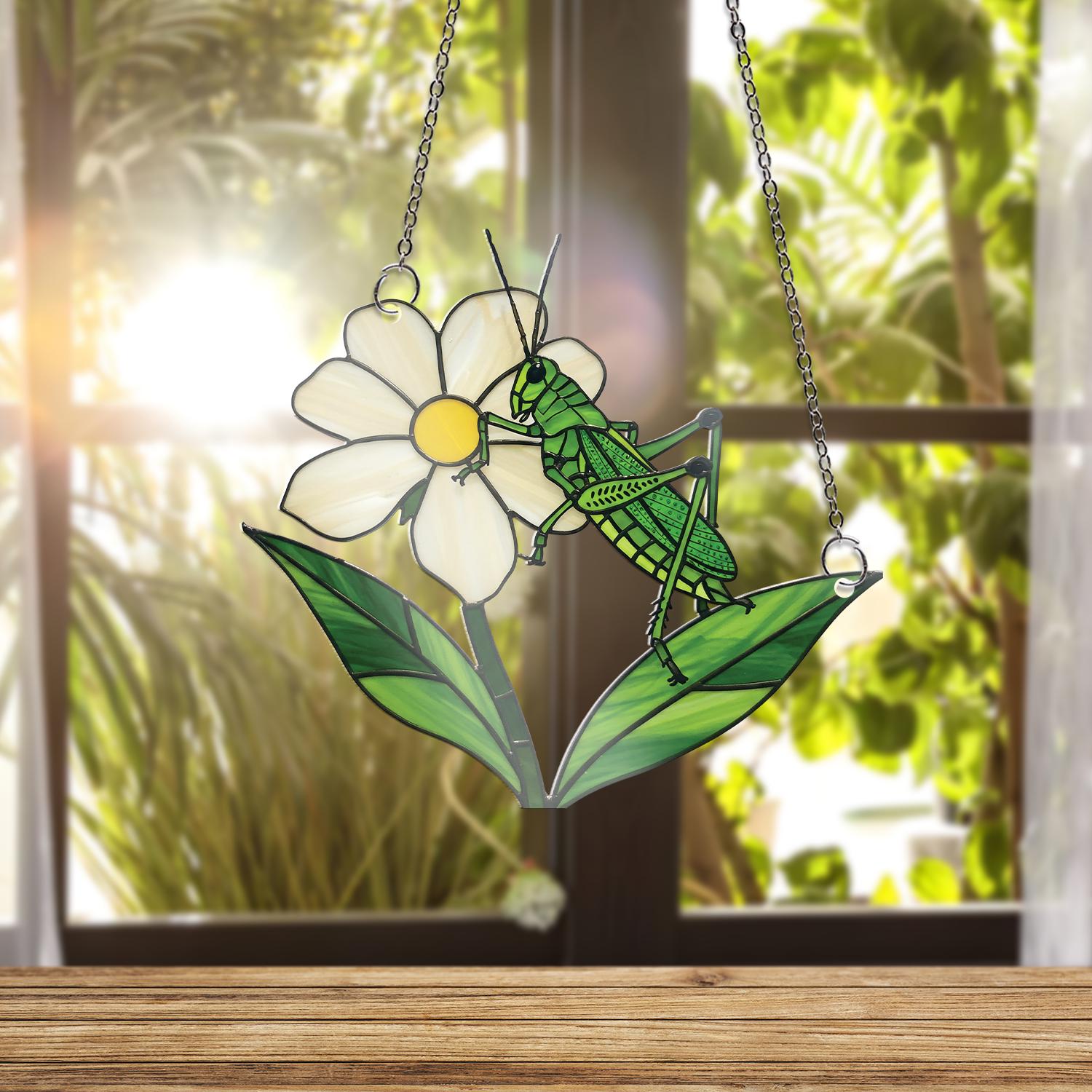 Grasshopper on White Flower ACRYLIC Window Hanging, Nature Insect Suncatcher, Garden Decor, Gift for Bug Lovers and Botanistsm, Gift For Mom