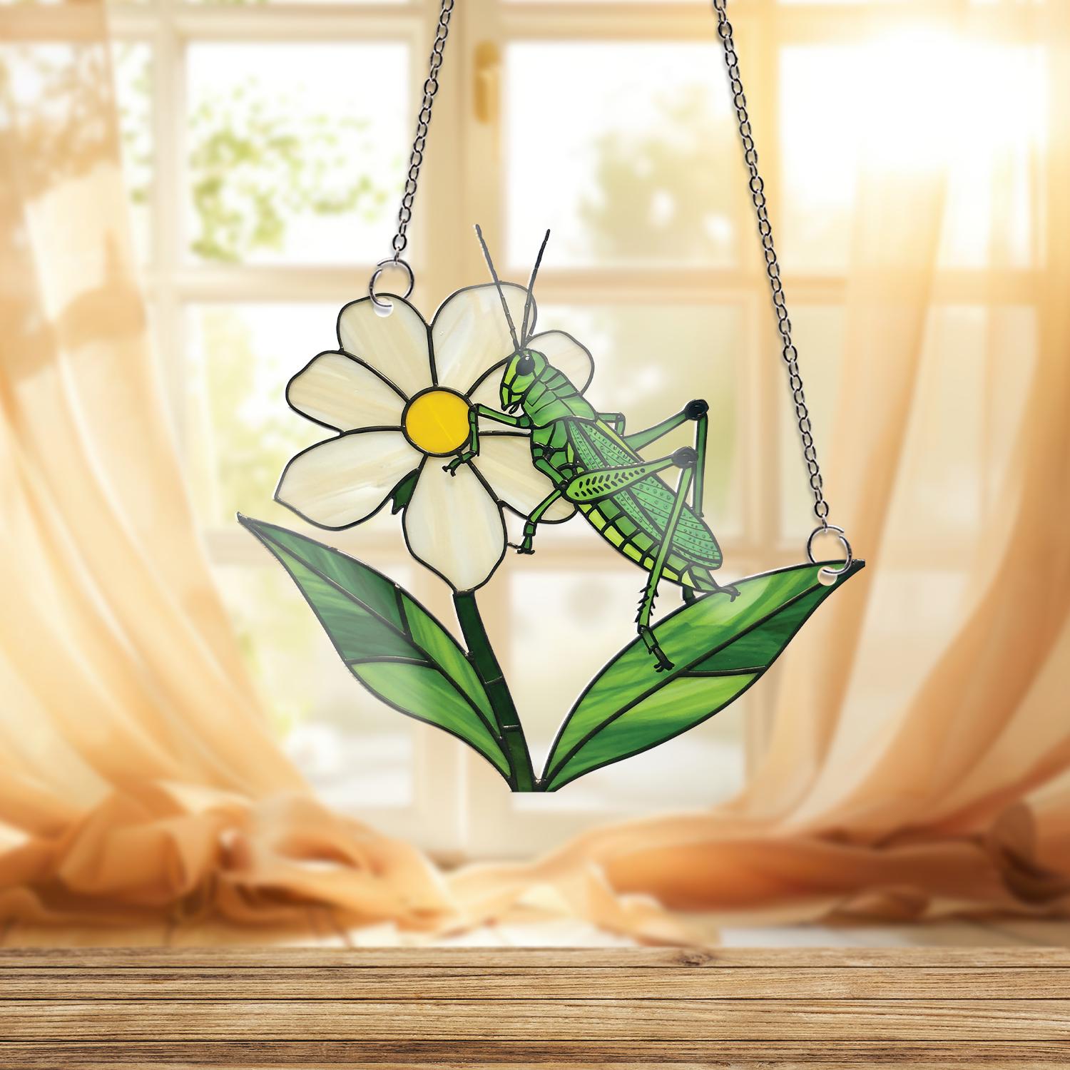 Grasshopper on White Flower ACRYLIC Window Hanging, Nature Insect Suncatcher, Garden Decor, Gift for Bug Lovers and Botanistsm, Gift For Mom