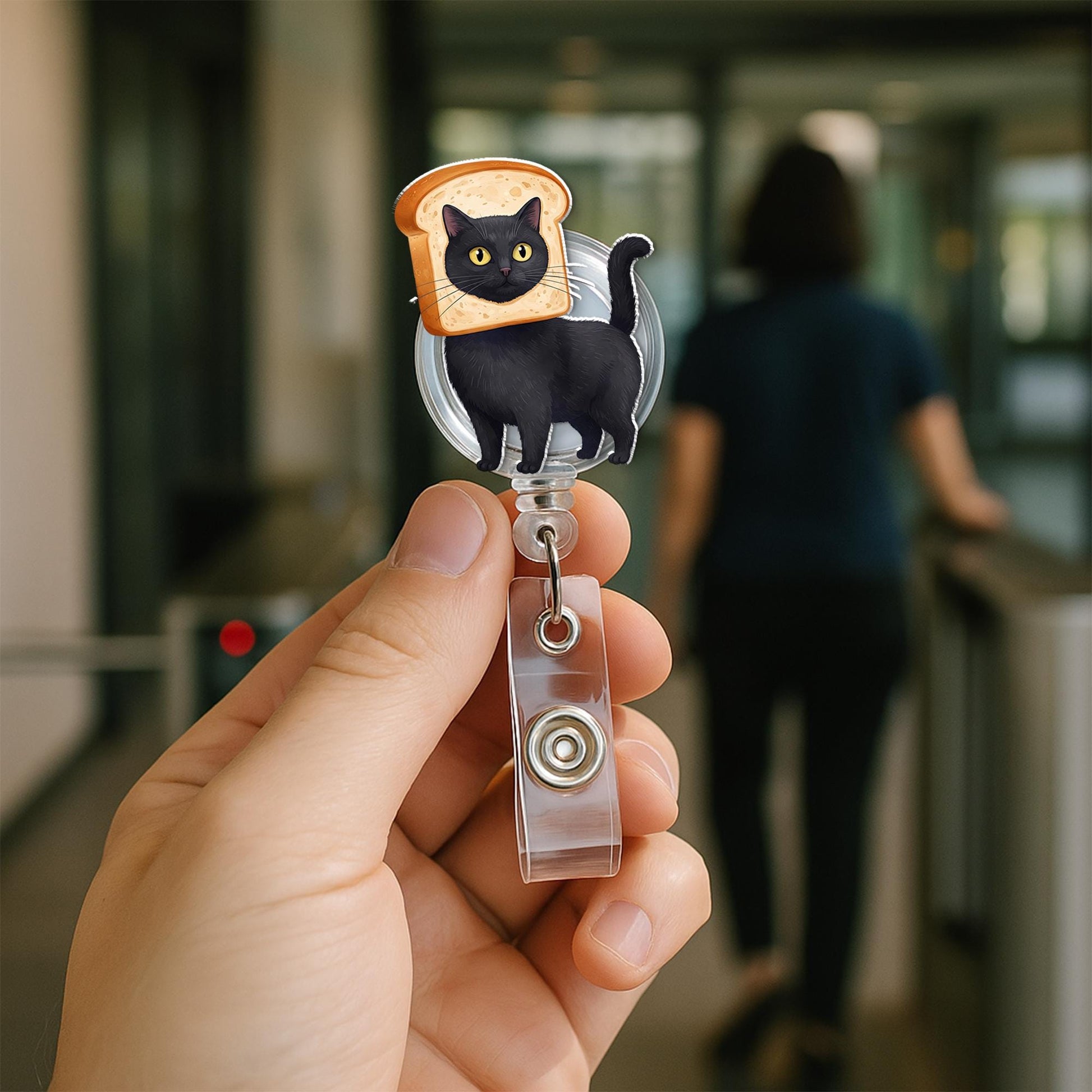 Black Cat Toast Badge Reel, Cute ID Holder, Funny Cat Lanyard Accessory, Nurse Gift, Office Badge Clip for Cat Lovers, Nurse Badge Reel