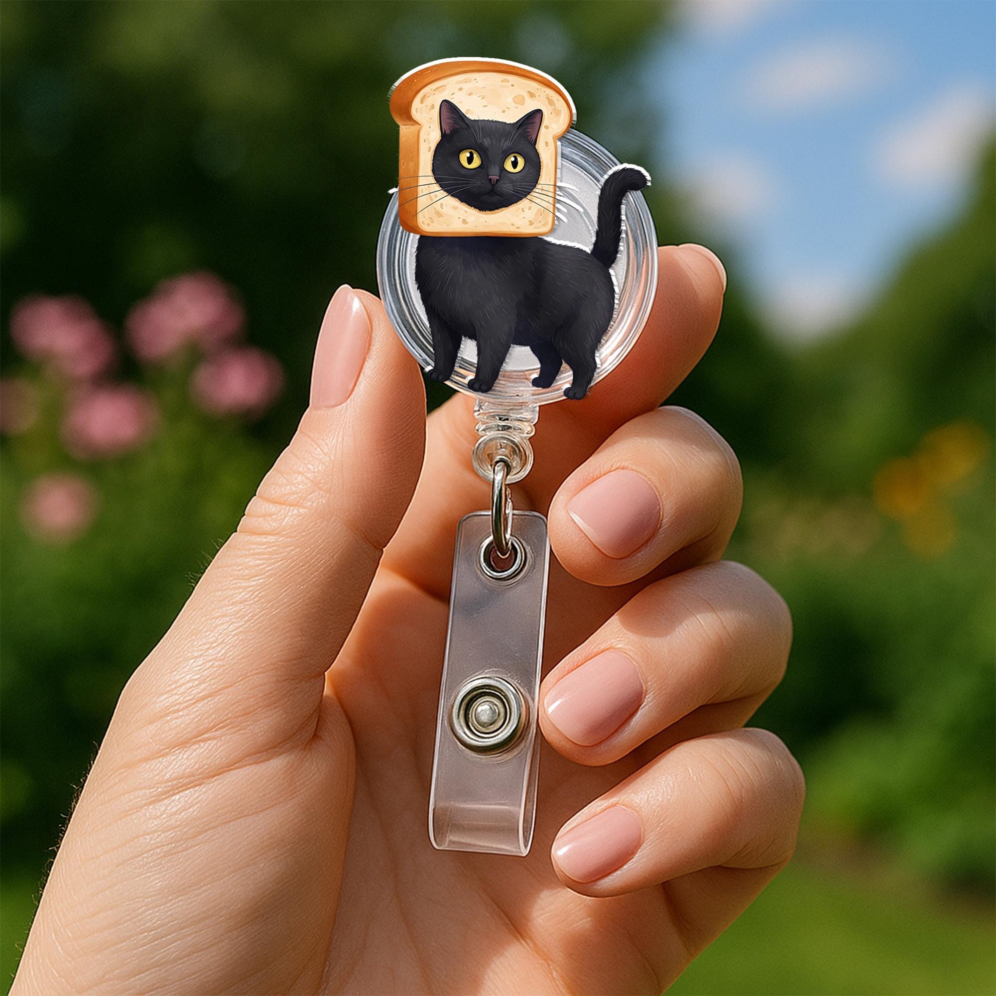 Black Cat Toast Badge Reel, Cute ID Holder, Funny Cat Lanyard Accessory, Nurse Gift, Office Badge Clip for Cat Lovers, Nurse Badge Reel