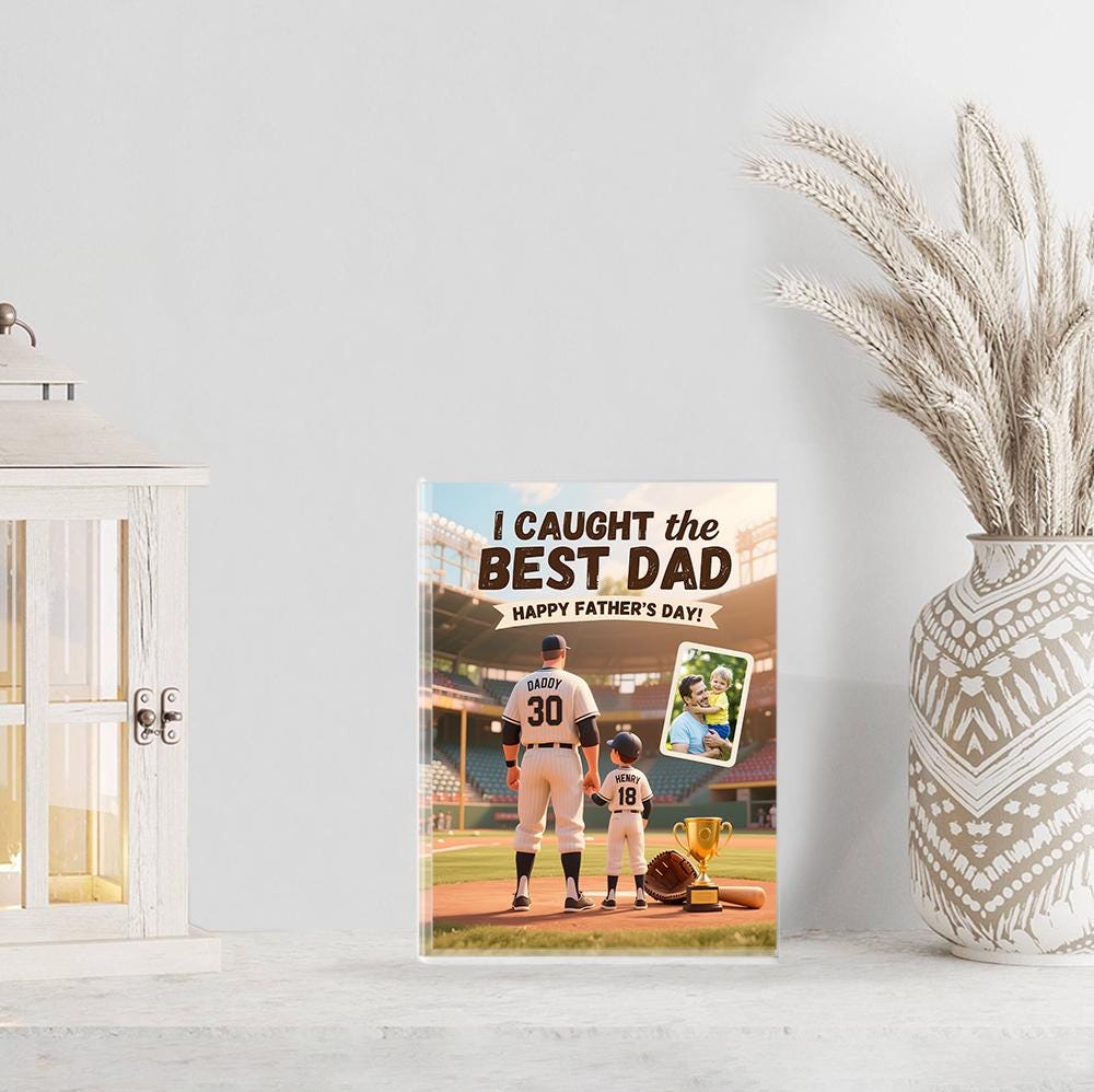 Personalized Baseball Father's Day Acrylic Block - "I Caught the Best Dad!" Photo Plaque, Custom Daddy & Me Gift, Unique Sports Keepsake