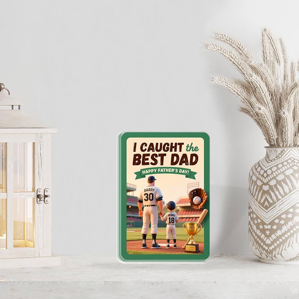 Personalized Baseball Father's Day Acrylic Block - "I Caught the Best Dad!" Plaque, Custom Name Daddy & Child Gift, Unique Sports