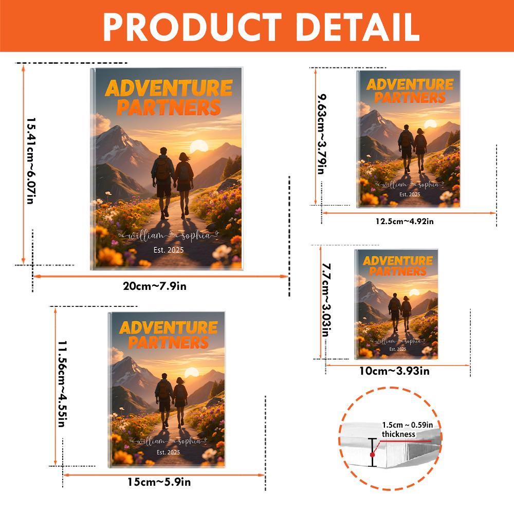 Personalized Adventure Partners Acrylic Block Plaque, Hiking Couple Gift, Custom Anniversary Present for Him Her, Established Date Keepsake