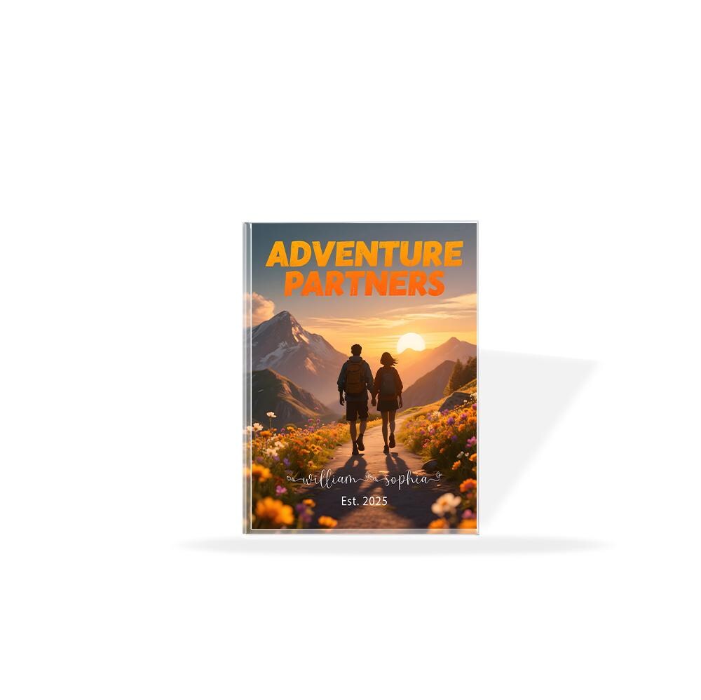 Personalized Adventure Partners Acrylic Block Plaque, Hiking Couple Gift, Custom Anniversary Present for Him Her, Established Date Keepsake