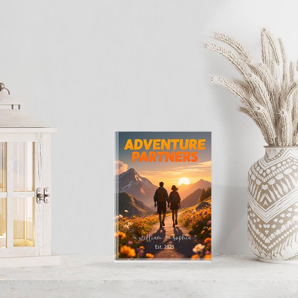 Personalized Adventure Partners Acrylic Block Plaque, Hiking Couple Gift, Custom Anniversary Present for Him Her, Established Date Keepsake