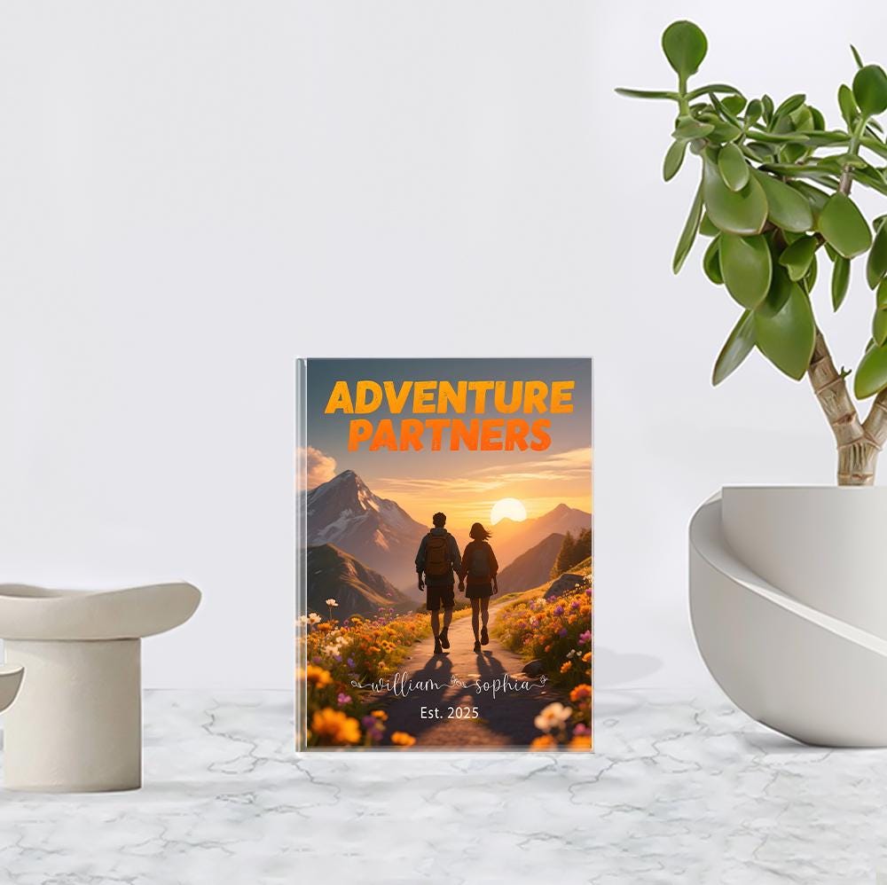 Personalized Adventure Partners Acrylic Block Plaque, Hiking Couple Gift, Custom Anniversary Present for Him Her, Established Date Keepsake