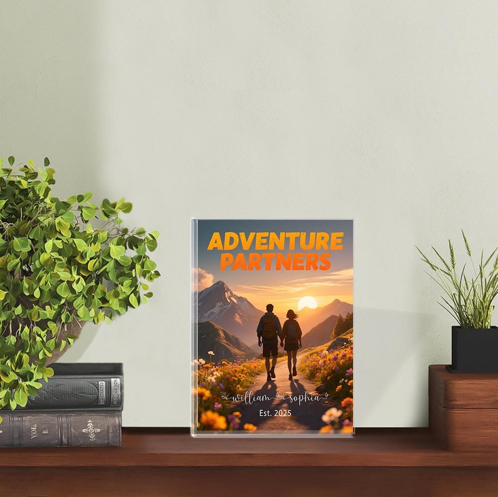 Personalized Adventure Partners Acrylic Block Plaque, Hiking Couple Gift, Custom Anniversary Present for Him Her, Established Date Keepsake
