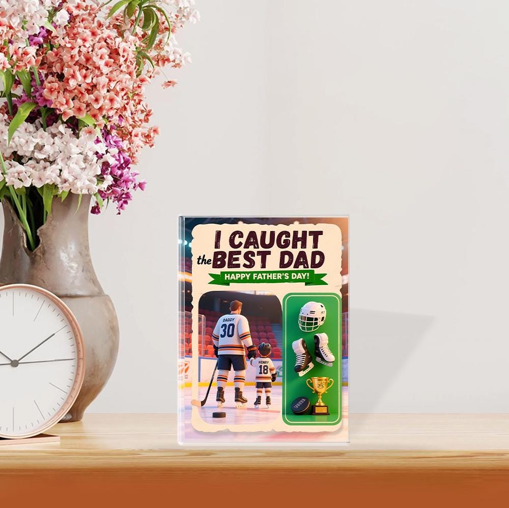 Personalized I Caught the Best Dad Hockey Father's Day Acrylic Block Plaque - Hockey Dad Gift, Sport Keepsake for Daddy, Custom Number, Name