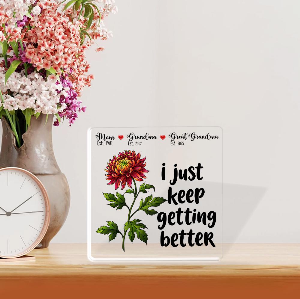 Personalized Grandma Great Grandma Gift Acrylic Block Plaque - I Just Keep Getting Better Floral Sign for Mom, Birthday Mother's Day Present